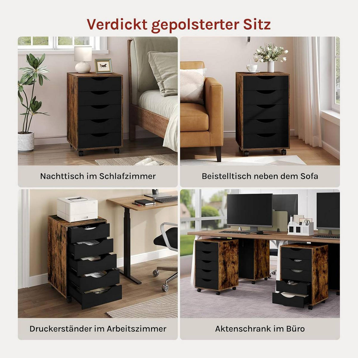 ROLLCONTAINER mit 5 Schubladen, Rustikales Braun - Dunkelbraun/Schwarz, Holzwerkstoff (40/66.5/40cm) - Woltu