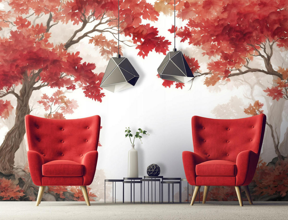 FOTOTAPETE Wald Bäume Rot 300x210 cm - Multicolor, Papier (300/210cm) - Wallarena