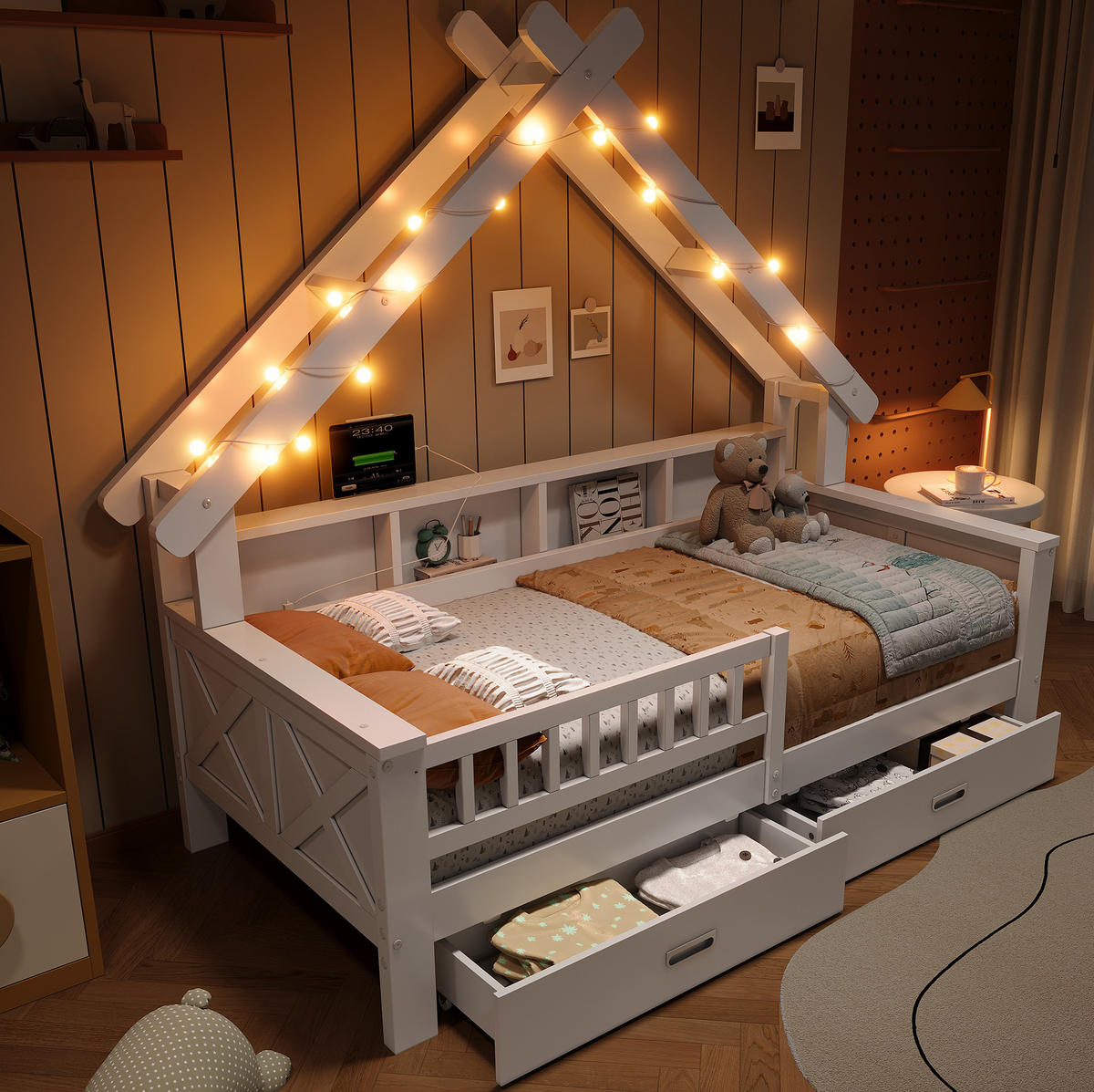 HAUSBETT 90/200 cm Weiß mit LED, Stauraum und Schubladen - Weiß, Holz (90/200cm) - MIVRAY