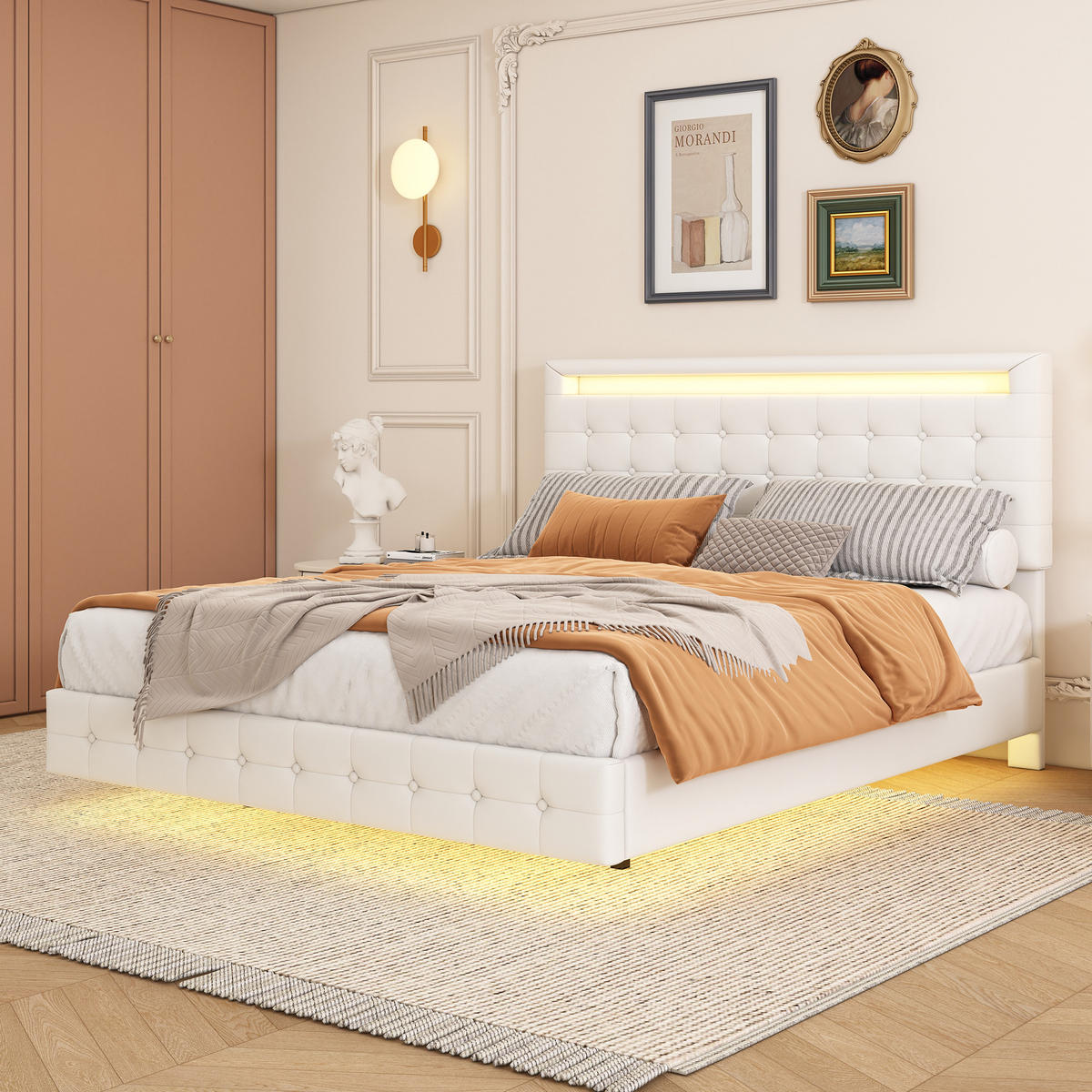 POLSTERBETT 140/200 cm Weiß mit LED-Umgebungslicht und höhenverstellbarem Kopfteil Ohne Matratze - Weiß, Leder (140/200cm) - OKWISH