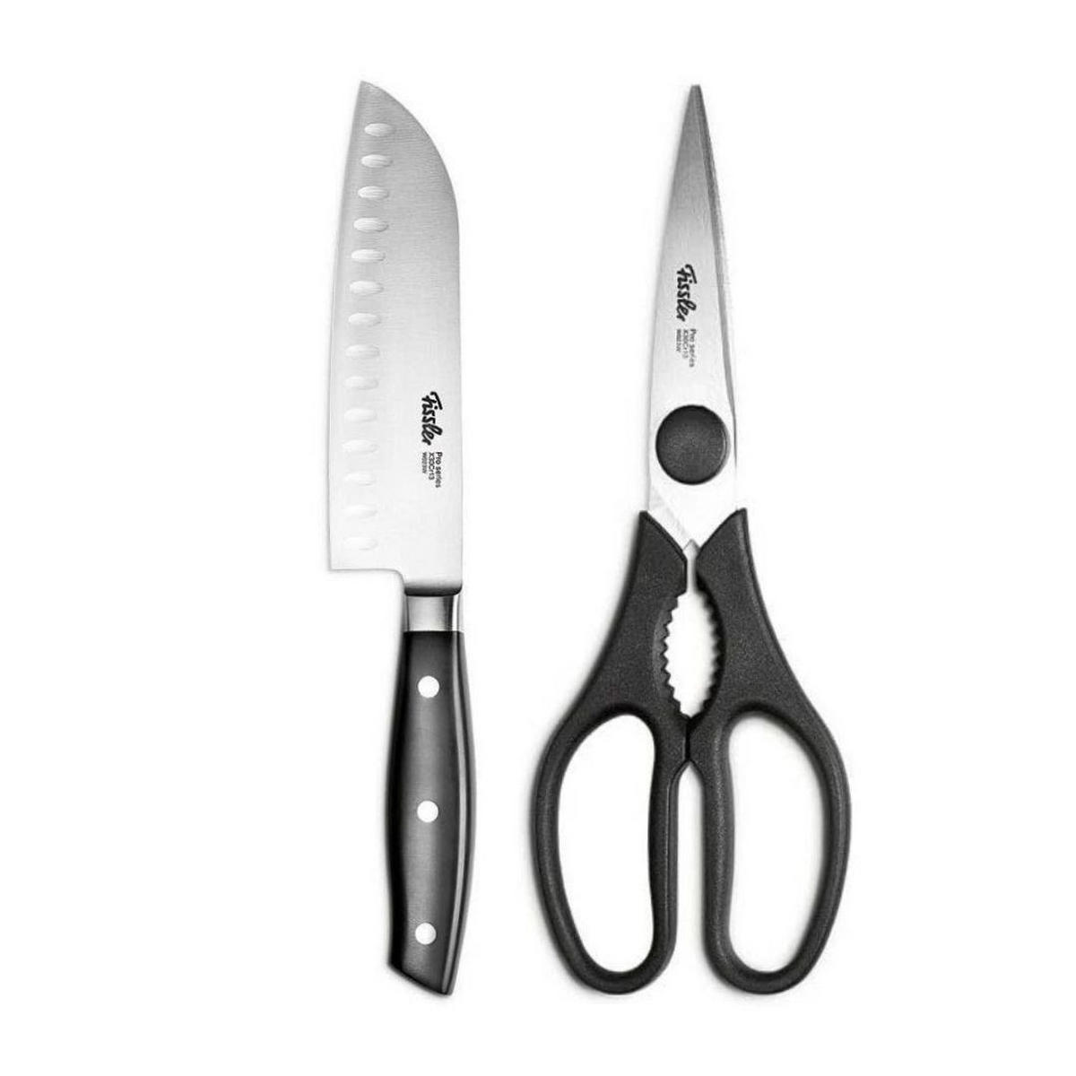 KÜCHENMESSER SET 2-tlg Schwarz, Santokumesser 130 mm, Küchenschere, Edelstahl, Schneidemesser, Küchenzubehör, Profi Messer, Klingenstahl, Kochbedarf - Silberfarben/Schwarz, Kunststoff/Metall - Fissler
