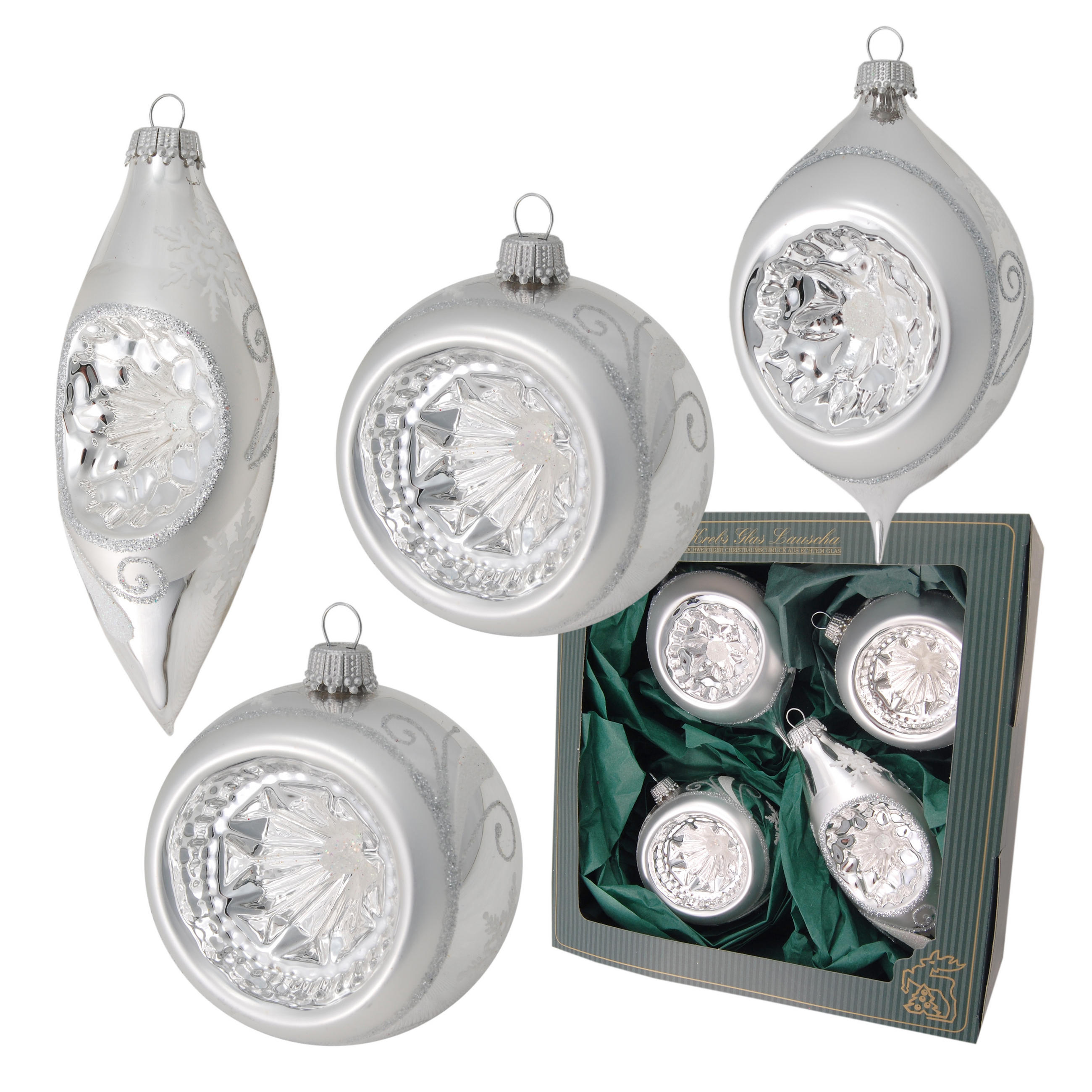 CHRISTBAUMKUGELN Reflexsortiment Silberfarbig 10cm (Glas / 4 Stk.) - Silberfarben, Glas (7/10/7cm) - Krebs Glas Lauscha
