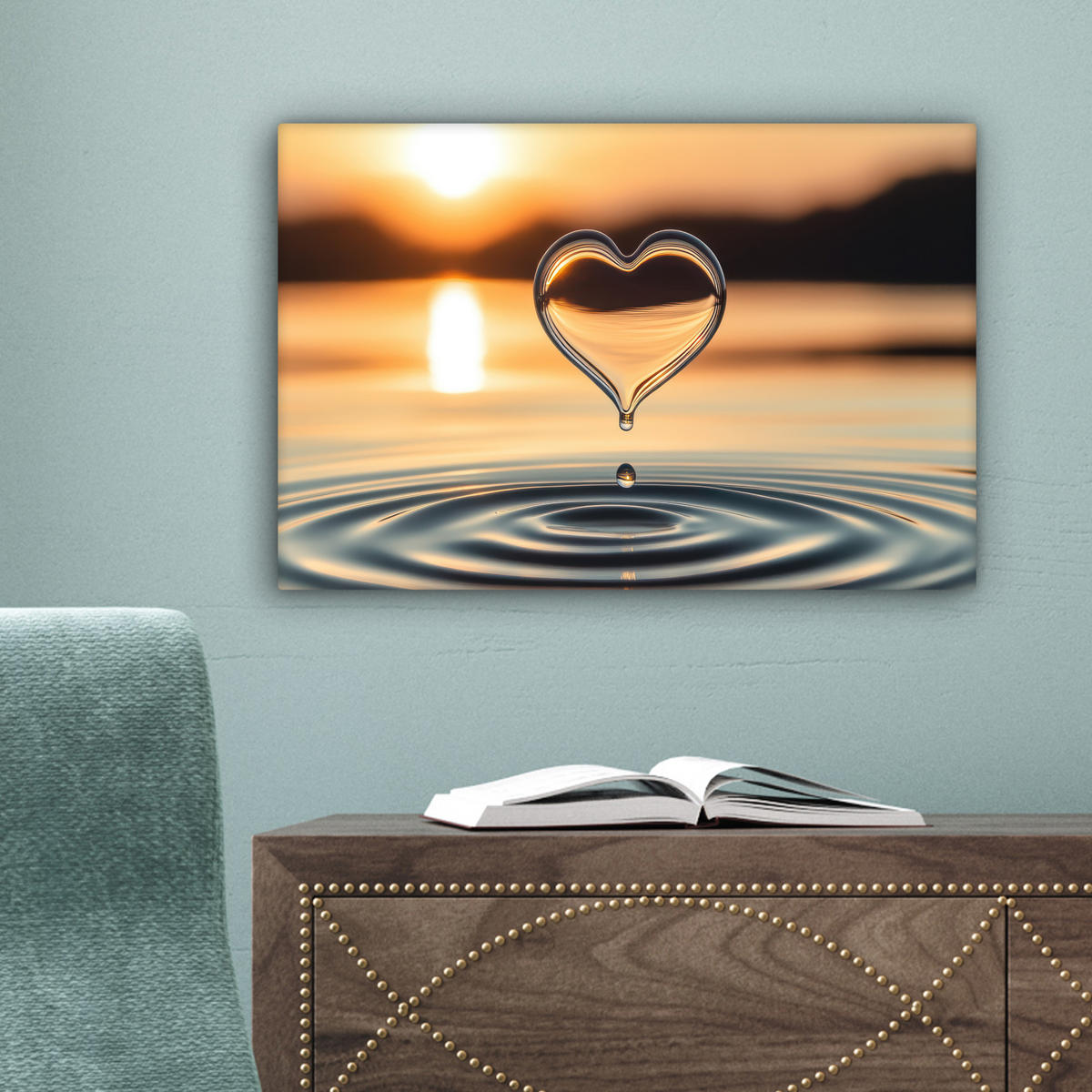 LEINWANDBILD - Herz - Wasser - Sonnenuntergang - Natur - Zen - 30x20 - Deko XXL - Bernsteinfarben, Textil (30/20cm) - MuchoWow
