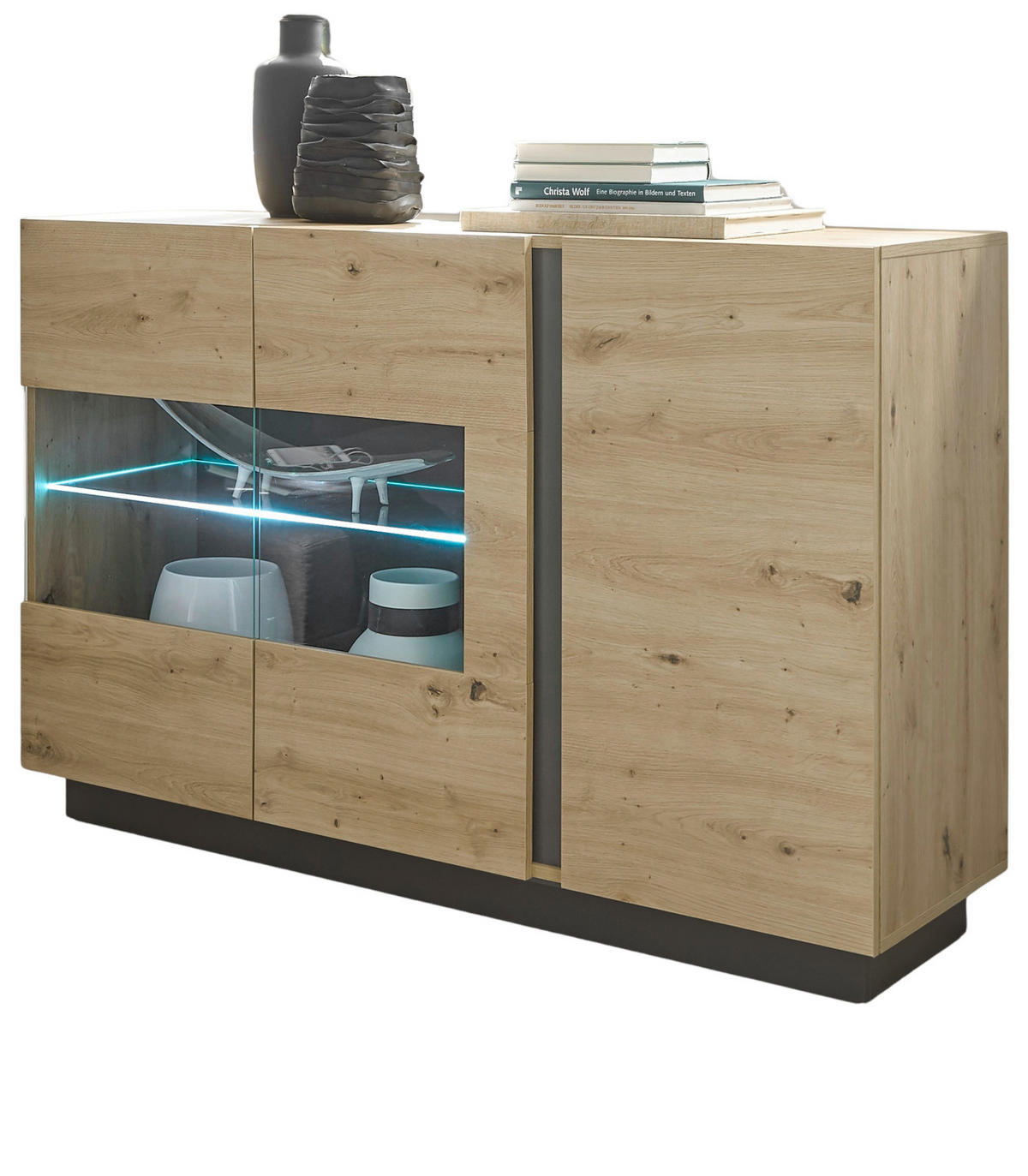 SIDEBOARD Eiche Artisan, Graphit grau 138 cm, Kommode mit Soft-Close - Eiche Artisan/Grau, Glas/Holz (138/91/40cm) - Furn.Design