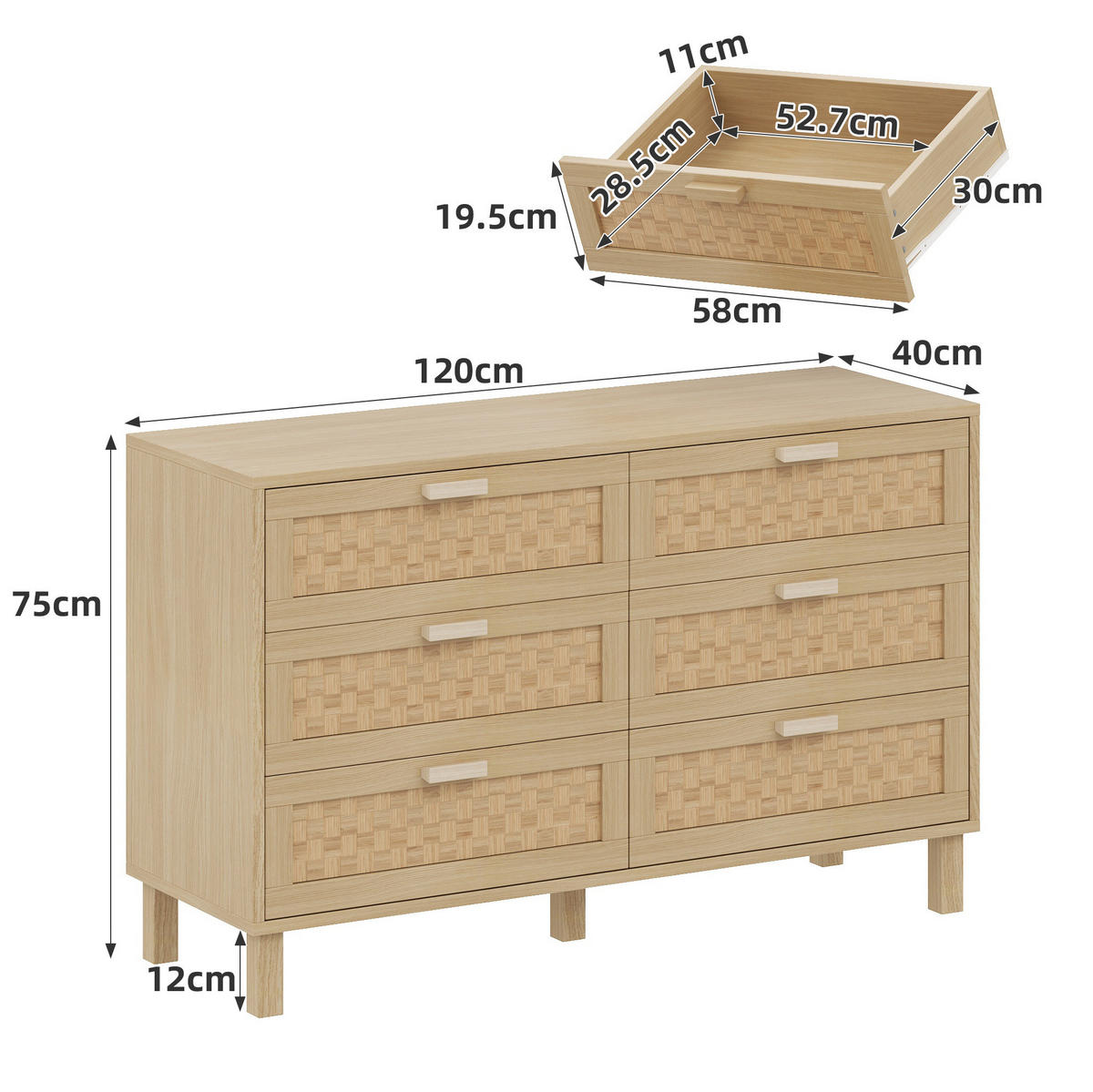 KOMMODE aus Spanplatte 120x75x40cm in Natur mit 6 Schubladen - Naturfarben, Holzwerkstoff (120/75/40cm) - Modfu