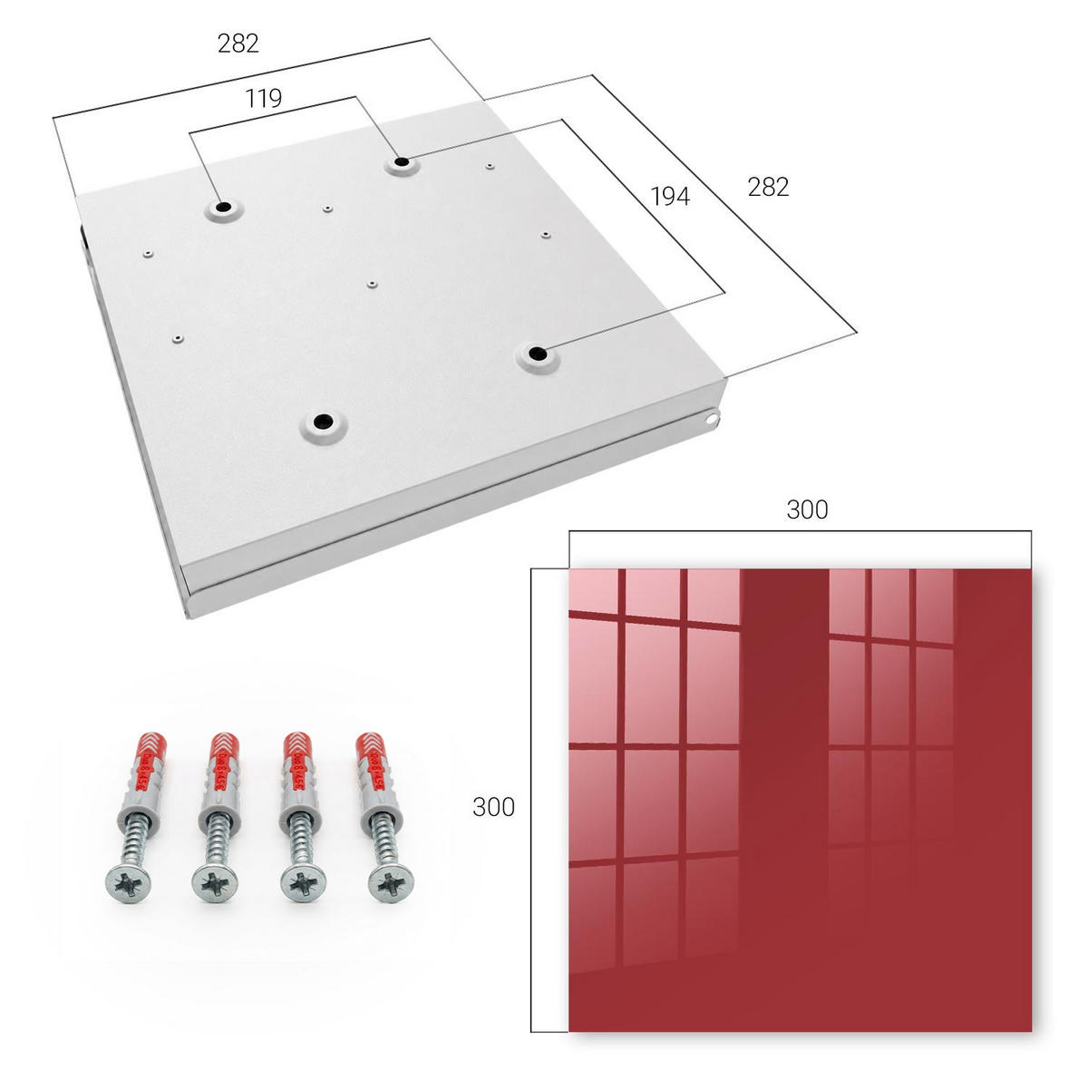 SCHLÜSSELBOX Weiß 30x30 cm – Türöffnung nach rechts - Burgunderrote Farbe - Weinrot, Metall (30/30/5cm) - TULUP