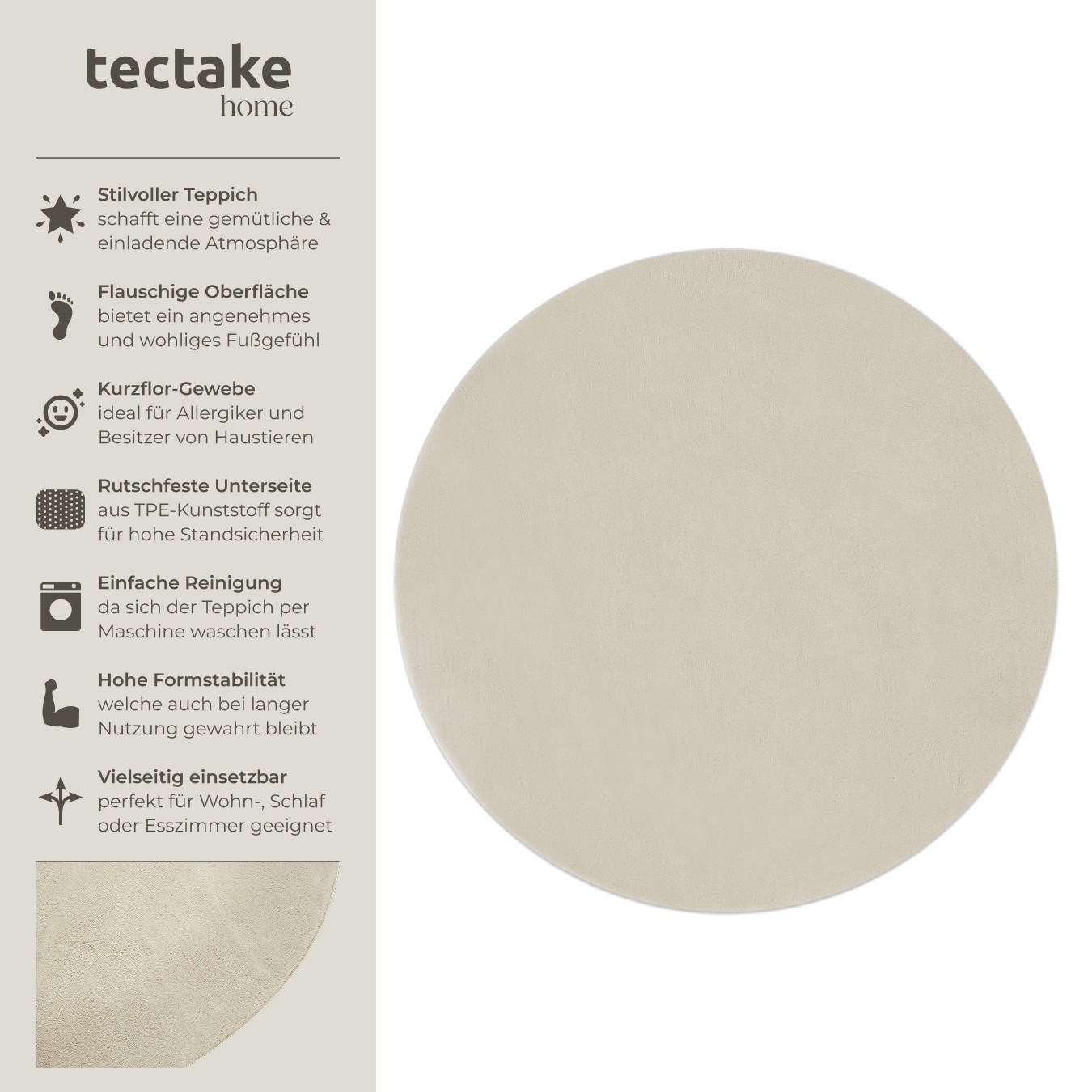 KURZFLORTEPPICH Soft Zone,rutschfeste Unterseite,beige - Beige, Kunststoff (120/120cm) - tectake
