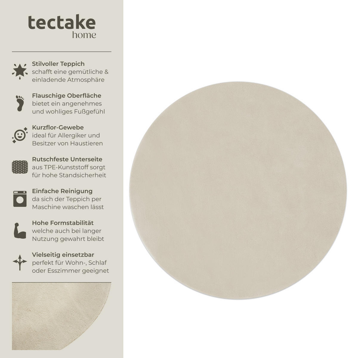 KURZFLORTEPPICH Soft Zone,rutschfeste Unterseite,beige - Beige, Kunststoff (120/120cm) - tectake
