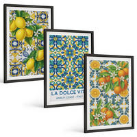 BILDER SET 3er Set - 40x60 cm Schwarzer Rahmen - Zitronen, Orangen, Blumen, Italien - Schwarz, Kunststoff (40/60cm) - TULUP