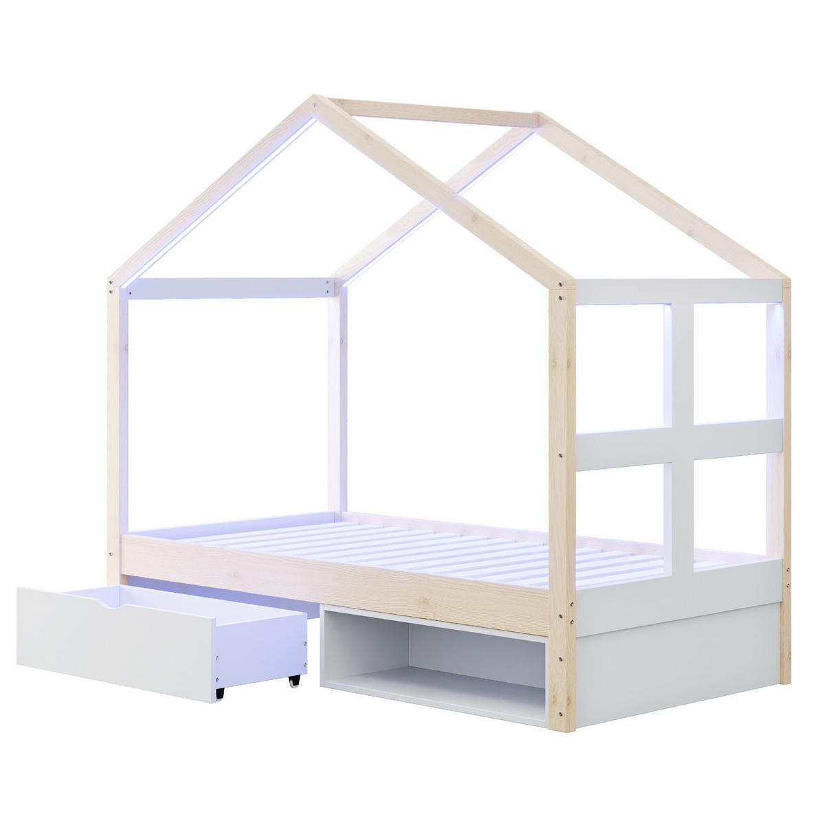 KREVET 90/190 cm od borovine i MDF-a s ladicom, ormarićem za cipele i LED rasvjetom, Prirodna boja drva - boje hrasta, drvni materijal (90/190cm) - Redom
