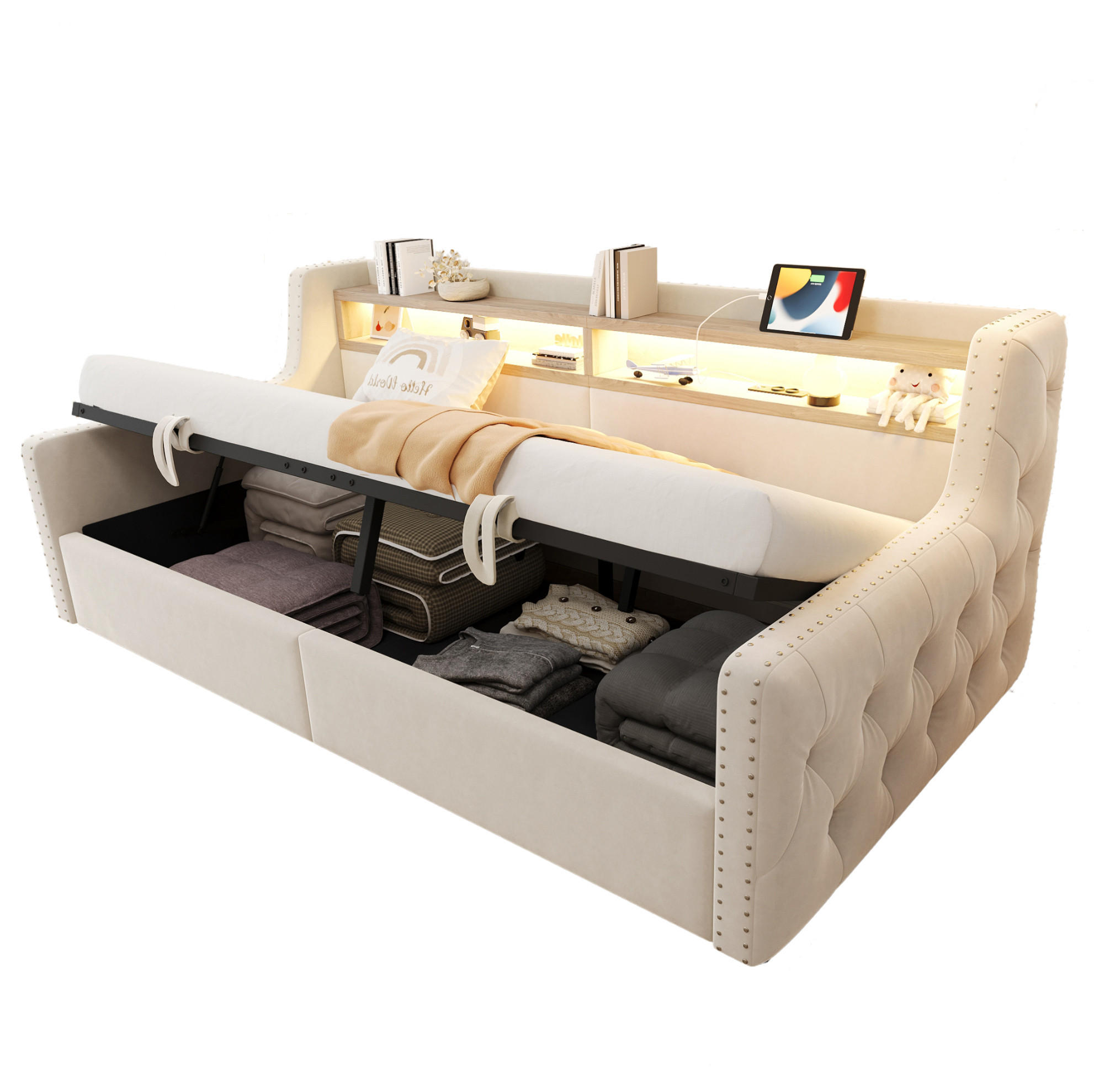 POLSTERBETT 90/200 cm aus Samt mit LED, Stauraum und Lattenrost Beige - Beige, Textil (90/200cm) - Modenvie