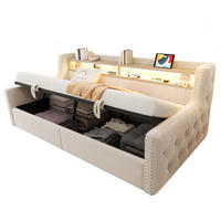 POLSTERBETT 90/200 cm aus Samt mit LED, Stauraum und Lattenrost Beige - Beige, Textil (90/200cm) - Modenvie