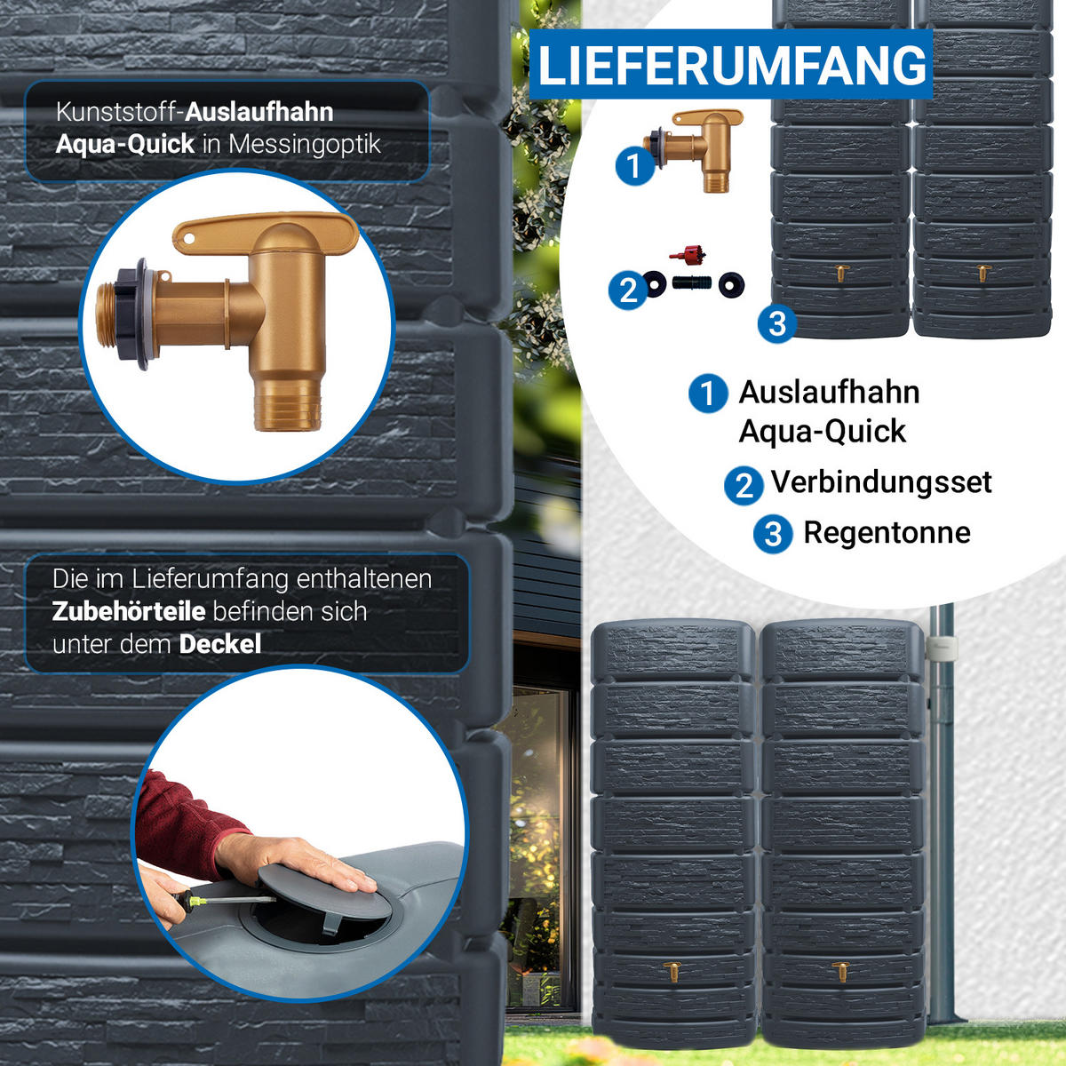 WANDTANK-SET 1000 L, graphite grey 2 x 500 L, inkl. Verbinder - Grau, Kunststoff (51/184/155cm) - 4rain