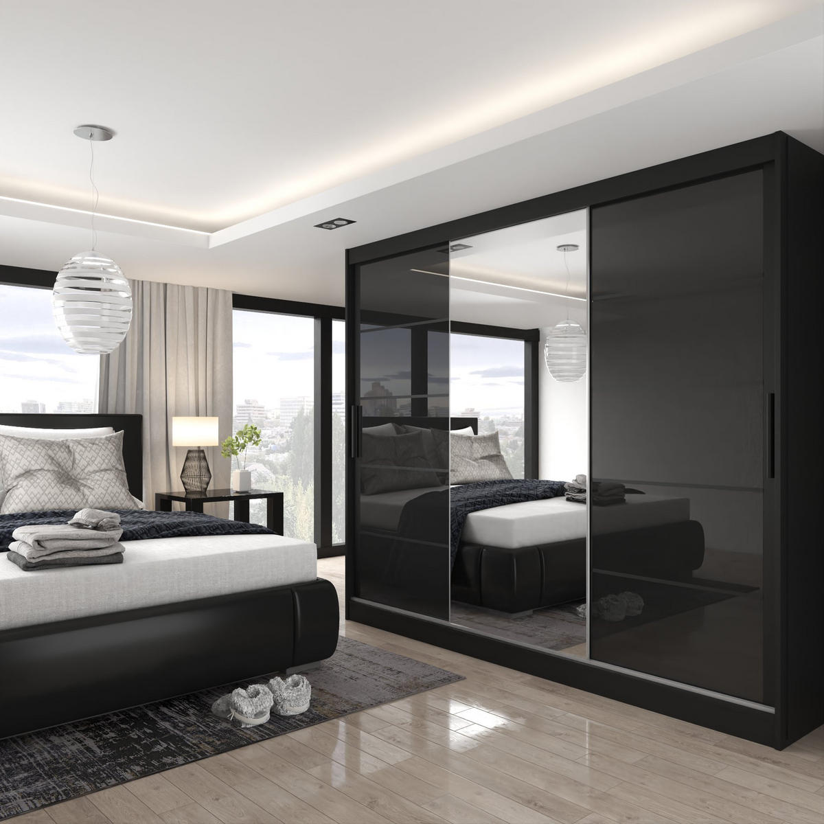 SCHWEBETÜRENSCHRANK Verona MGB, Schwarz Hochglanz, 232 cm, mit Spiegel - Schwarz, Holz (232/216/60cm) - B BELINI GROUP