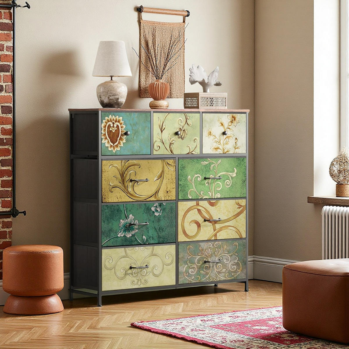 KOMMODE 9 Schubladen Metallrahmen Holzplatte Industriestil multicolor - Multicolor, Holz (30/100/100cm) - Fortuna Lai