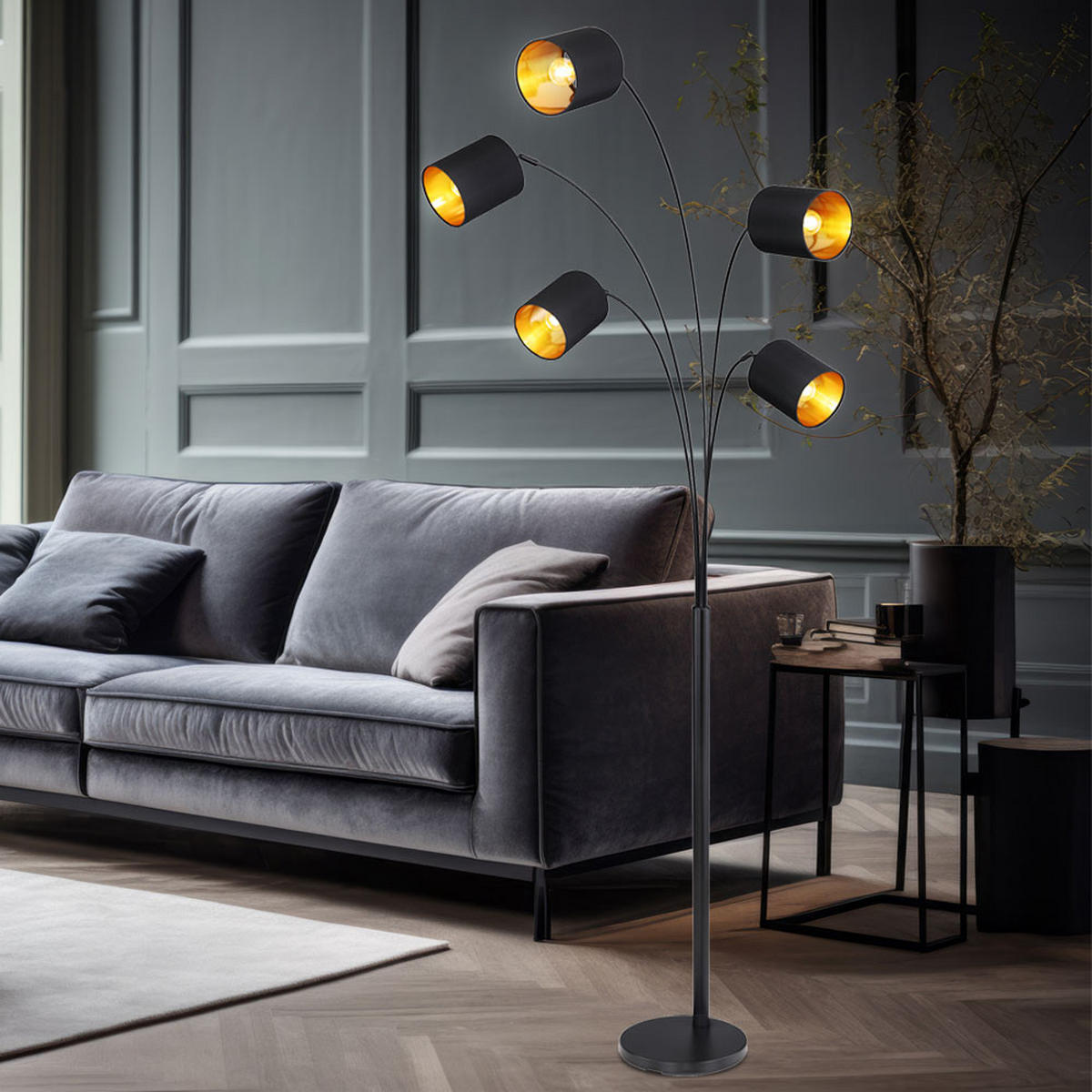 LED STEHLEUCHTE Schwarz Gold Textilschirme - Schwarz, Metall (74/70/204cm) - Globo Lighting