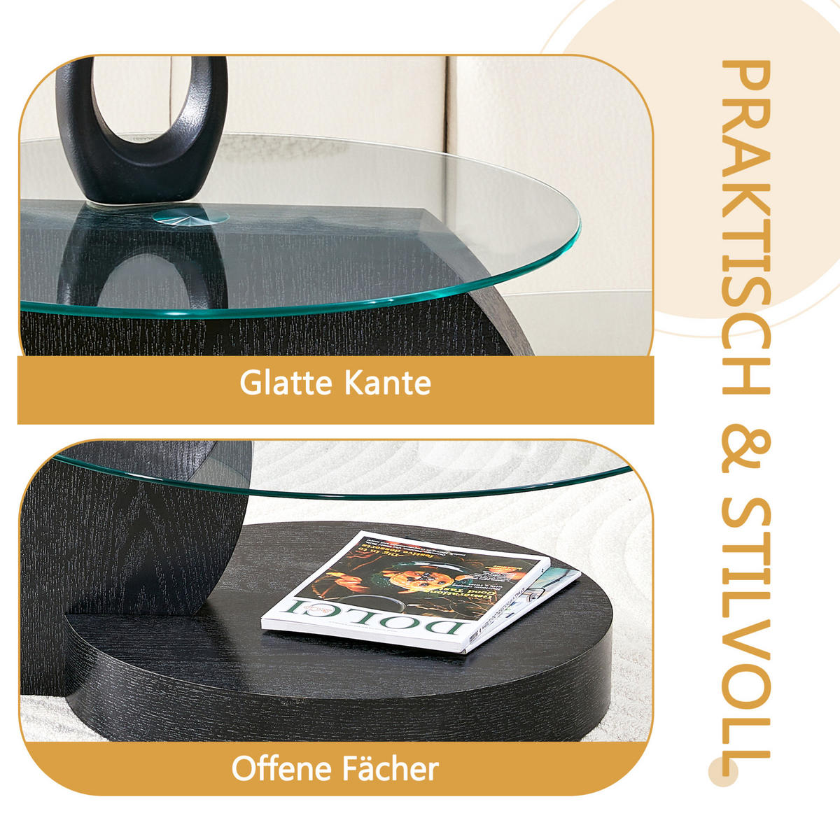 COUCHTISCH aus MDF & Glas Ø50/70 cm in Schwarz mit 2 Ablagen - Schwarz, Glas (90/90/44cm) - Modfu