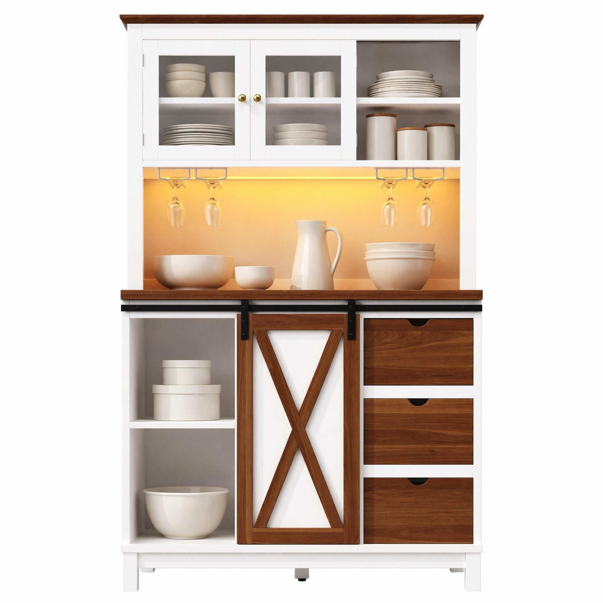 HIGHBOARD in Weiß mit LED-Beleuchtung und Schubladen für Küche und Wohnzimmer, B104/T40/H180 cm - Braun/Weiß, Glas/Holzwerkstoff (104/180/40cm) - STILVORA