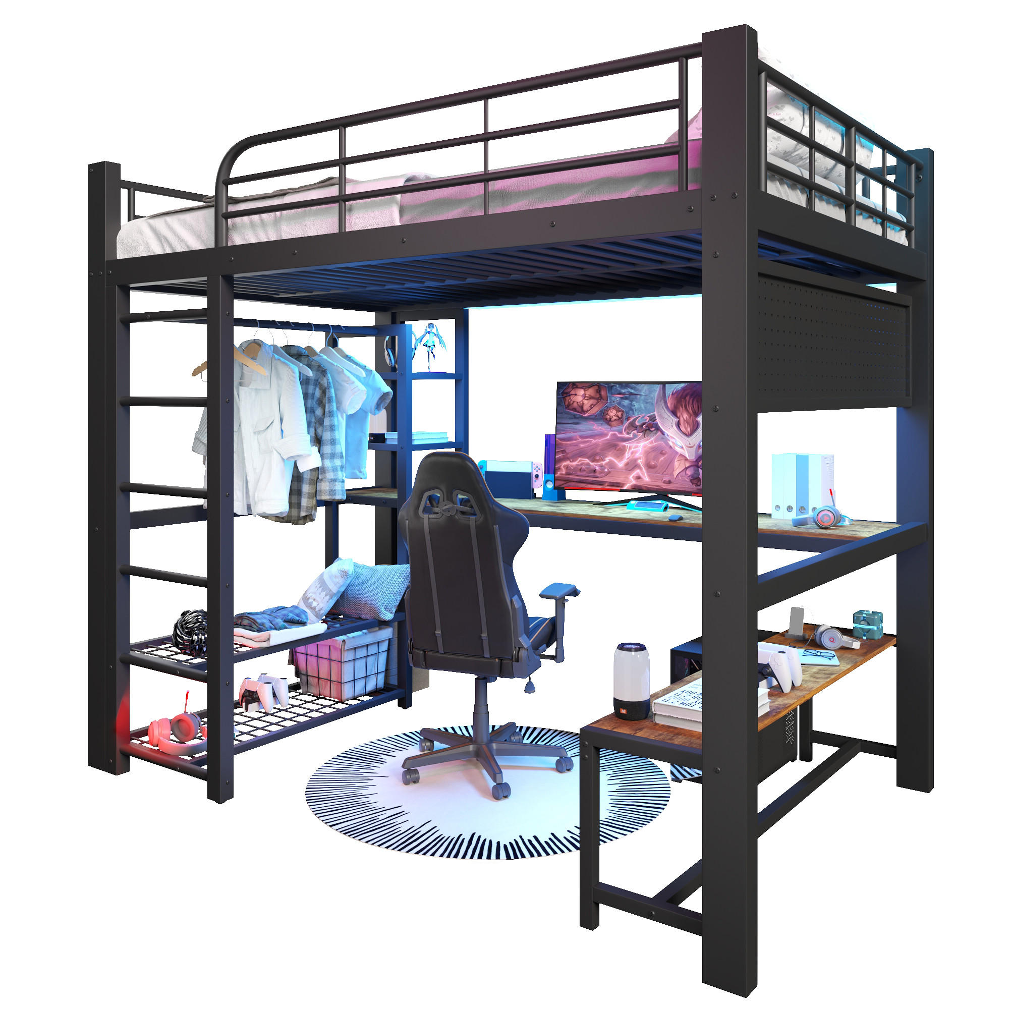 HOCHBETT 140/200 cm in Schwarz aus Metall mit LED, Ablagen, Schreibtisch und Kleiderstange - Schwarz, Holzwerkstoff/Metall (140/200cm) - WISHDOR