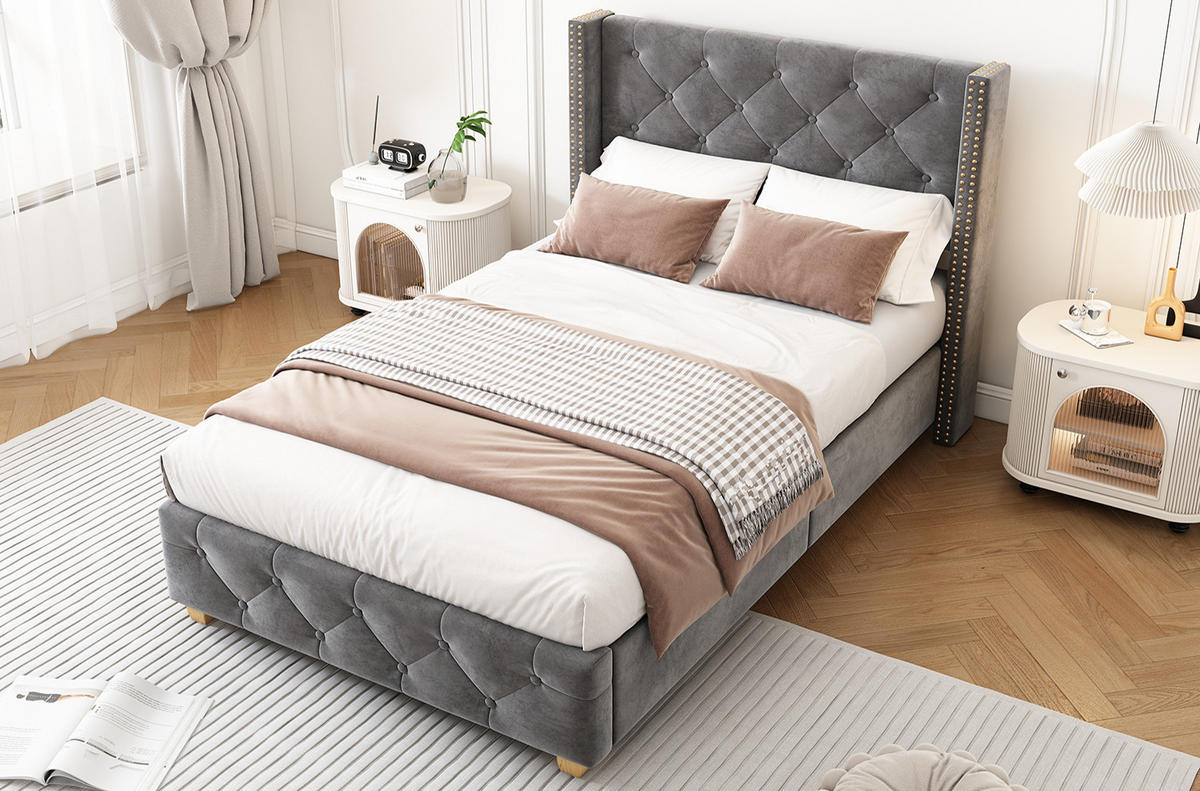 ČALOUNĚNÁ postel 100/205/108 cm samet šedá s roštem a čalouněným čelem - šedá, textil (90/200cm) - BEAOK