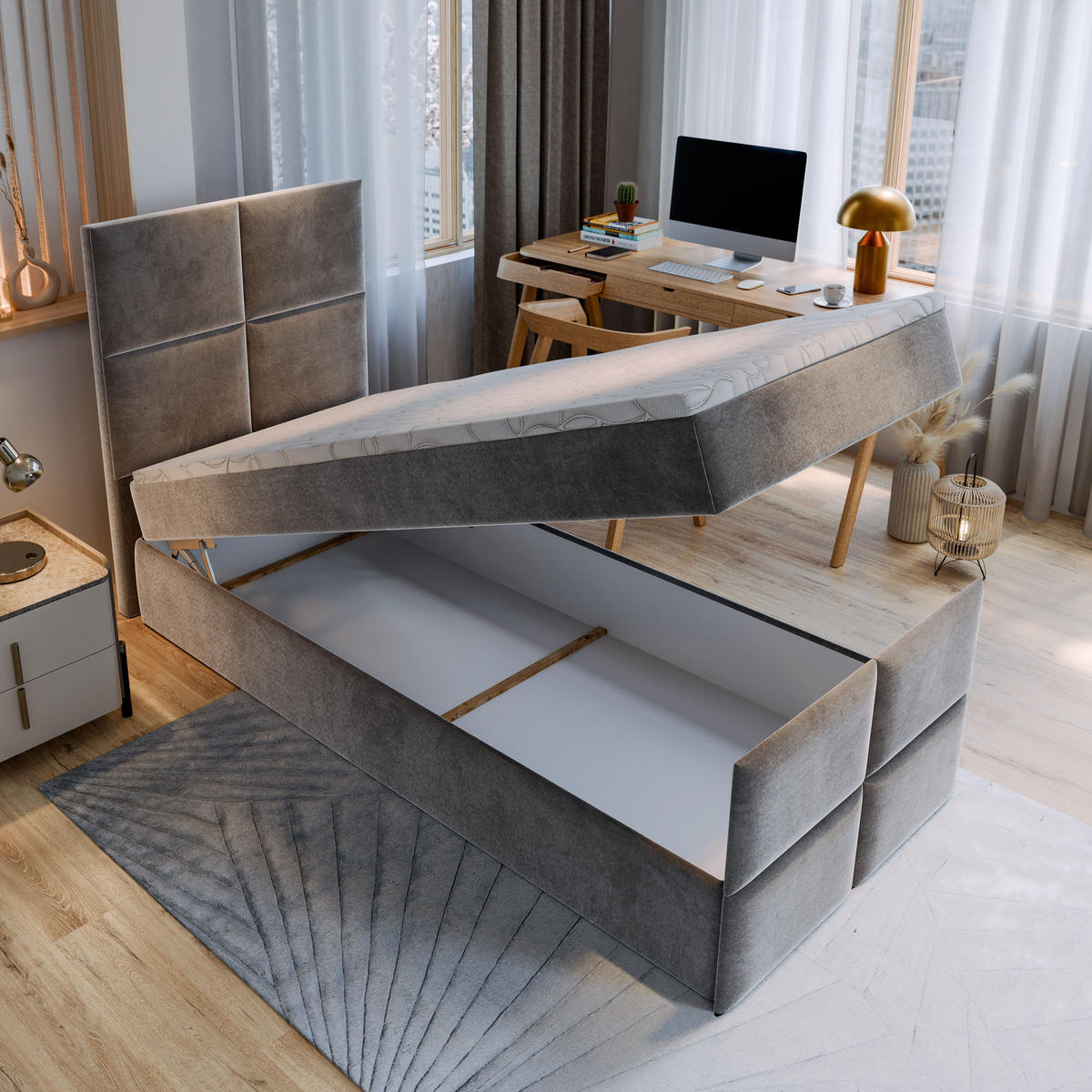 BOXBETT ARIEL 100 100x200 cm mit Matratze und Topper - Dunkelgrau - Dunkelgrau, Holz (100/200cm) - MASSENO