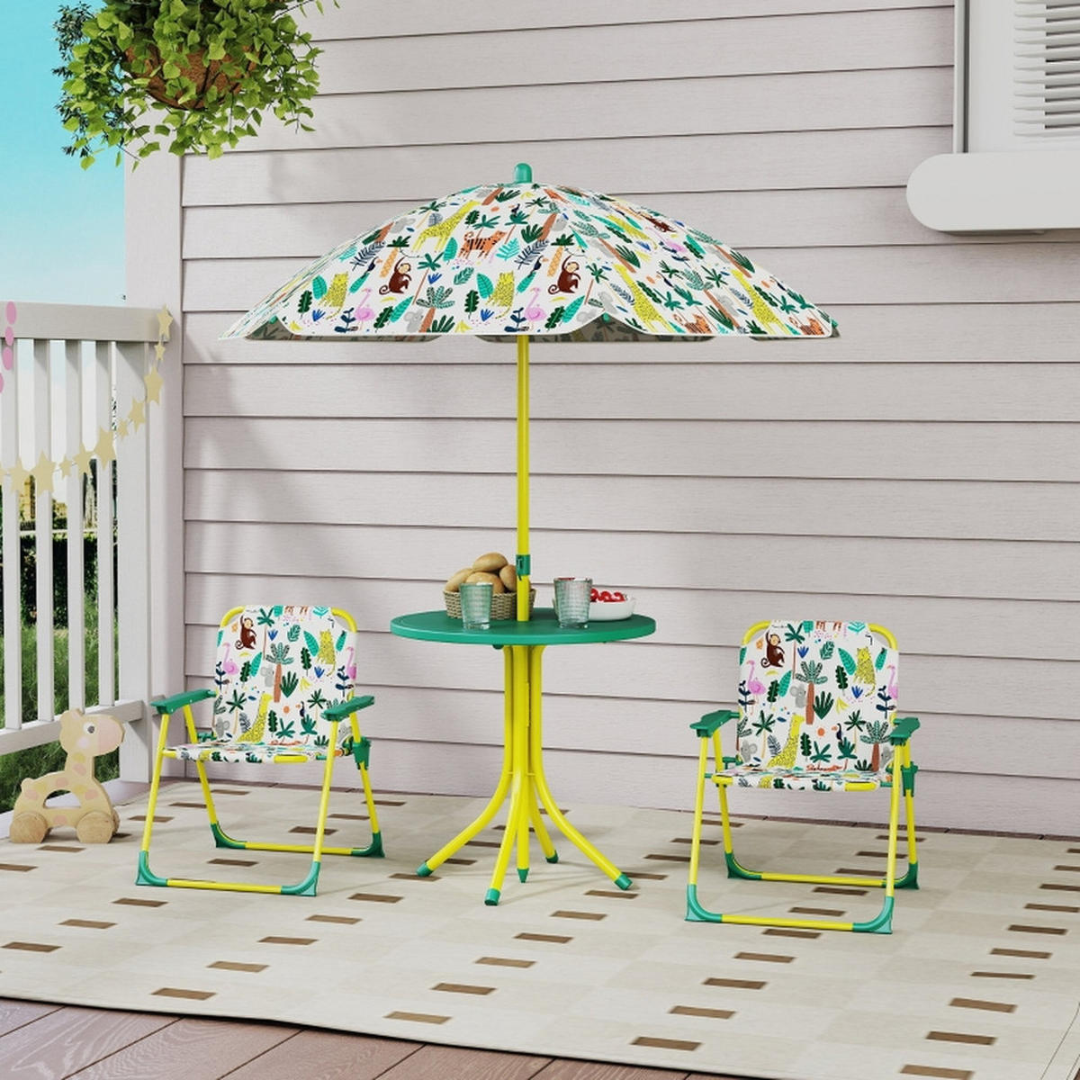KINDER-GARTENMÖBEL 4 tlg KindersitzgruppeOutdoor 49,5x49,5x50cm Mit Sonnenschirm - Grün, Textil - Raelunyi