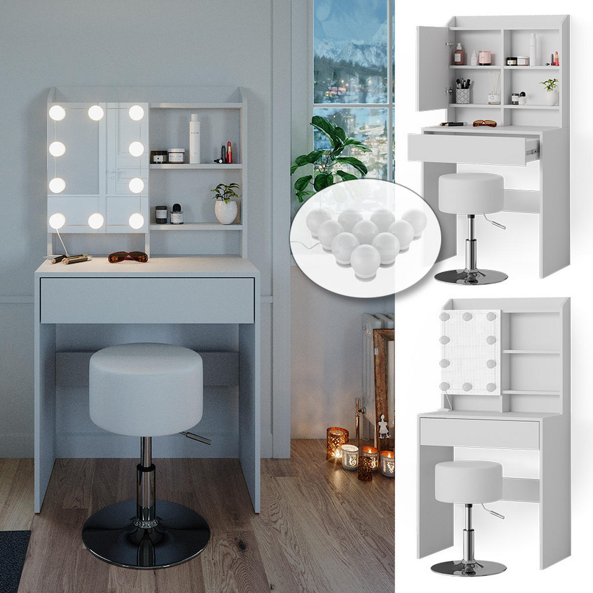SCHMINKTISCH Laura Weiß 70 cm mit LED Beleuchtung und Hocker - Weiß, Holzwerkstoff (70/136/40cm) - Vicco