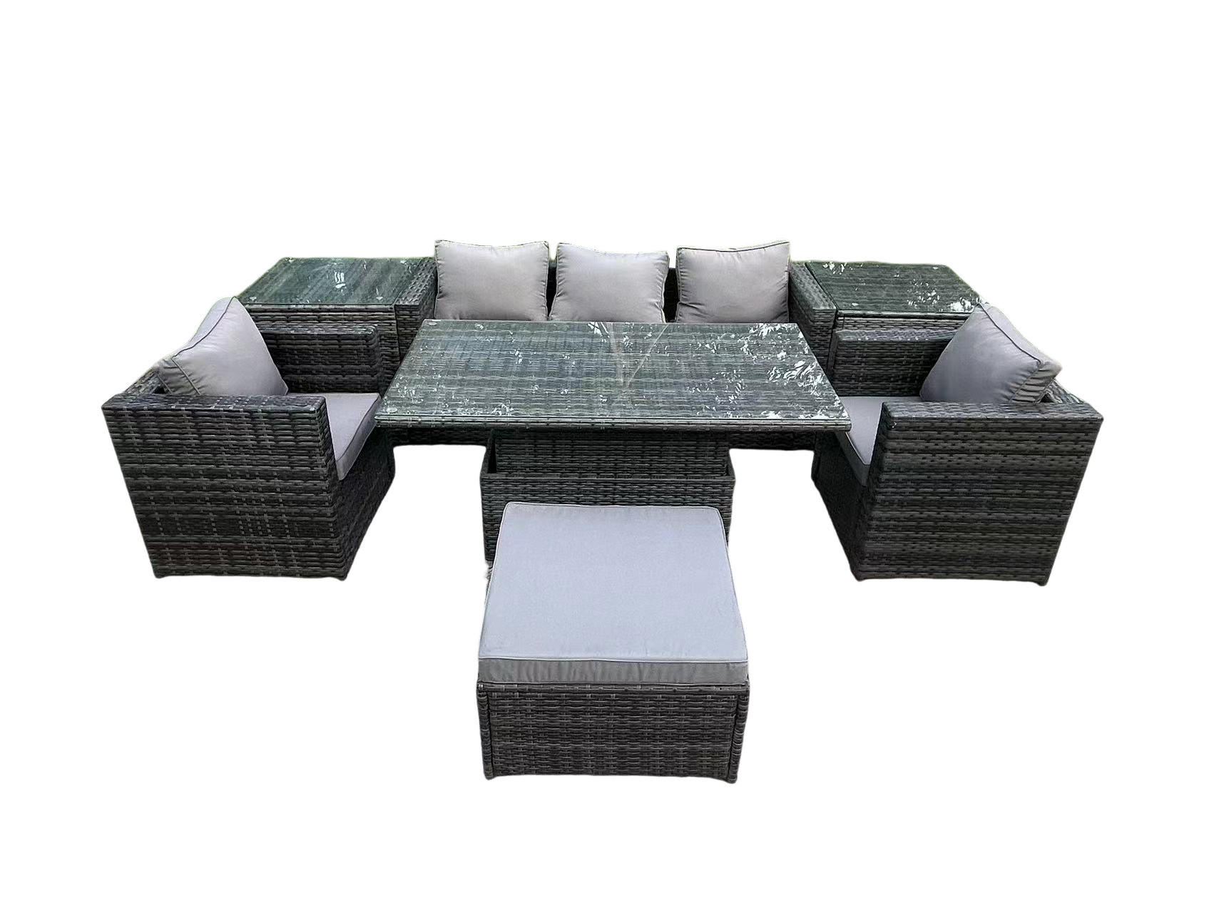 GARTENSOFA Hohe Rückenlehne Polyrattan 5-Sitzer - Dunkelgrau/Grau, Glas/Kunststoff - Fimous