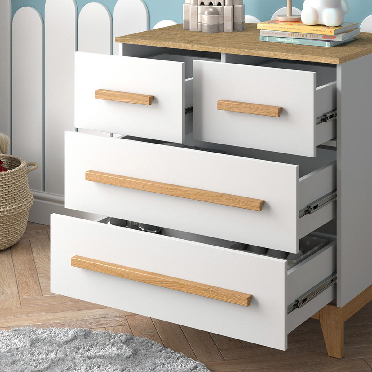 KOMMODE Malia Weiß/Eiche 80 x 88 cm mit 4 Schubladen - Eichefarben/Weiß, Holzwerkstoff (80/88/53.4cm) - VitaliSpa