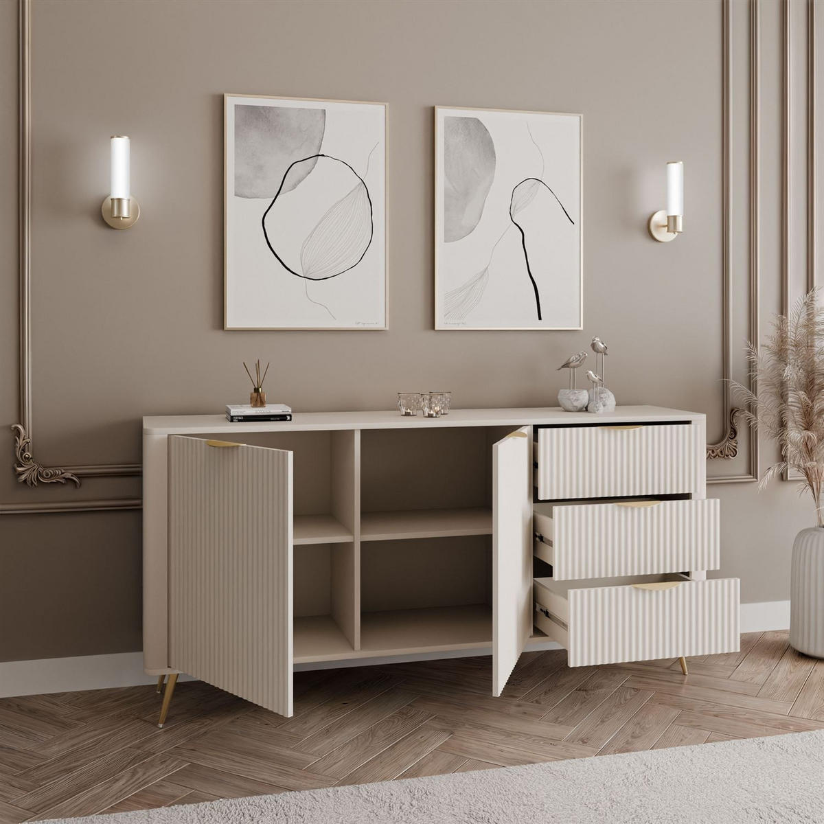 SIDEBOARD SCARLETT 163 2D3S MIT SCHUBLADEN BEIGE + GOLD - Beige, Holzwerkstoff (163/81/38cm) - Lookway