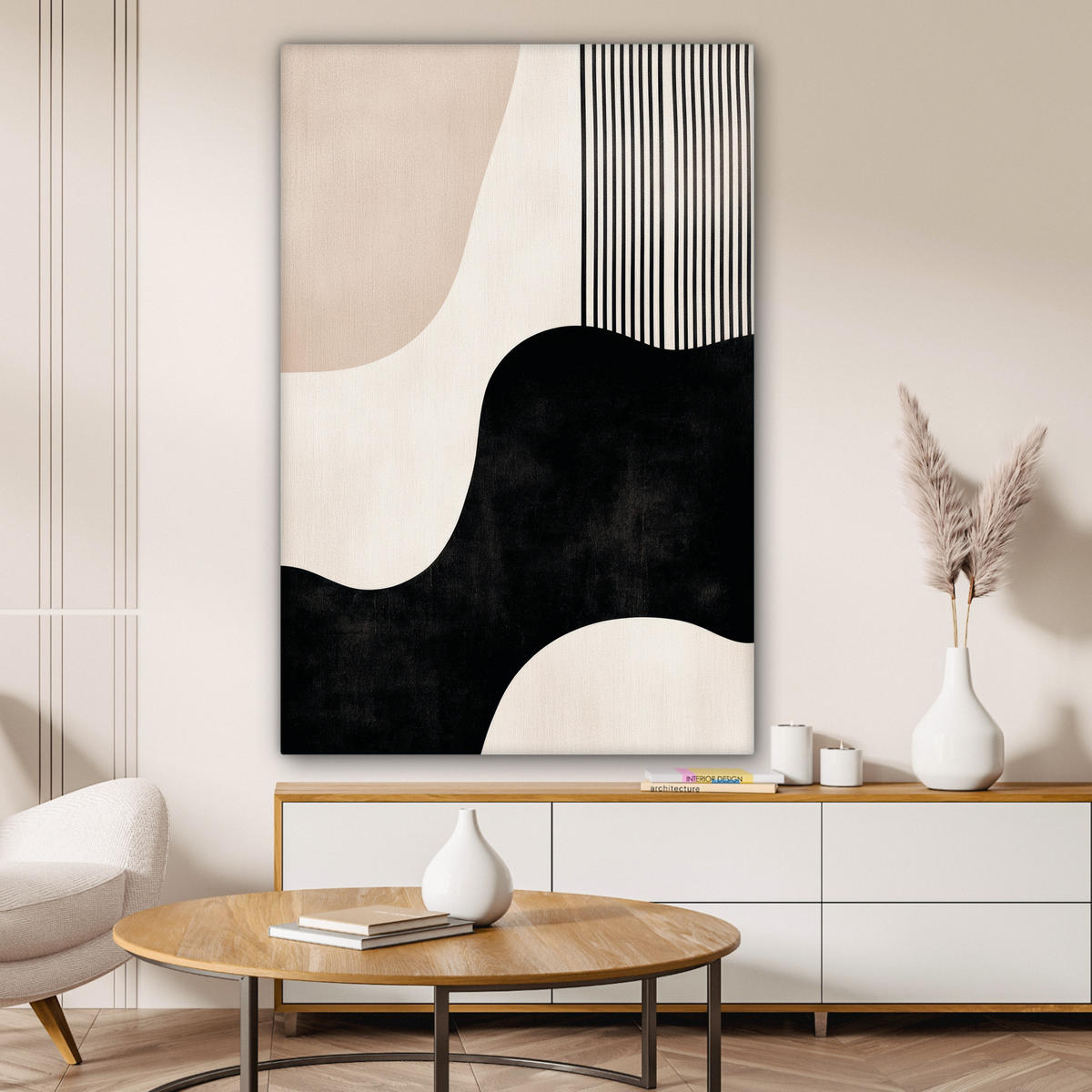 LEINWANDBILD Abstrakt - Japandi - Beige - Modern 80x120 cm - Schwarz, Textil (80/120cm) - MuchoWow