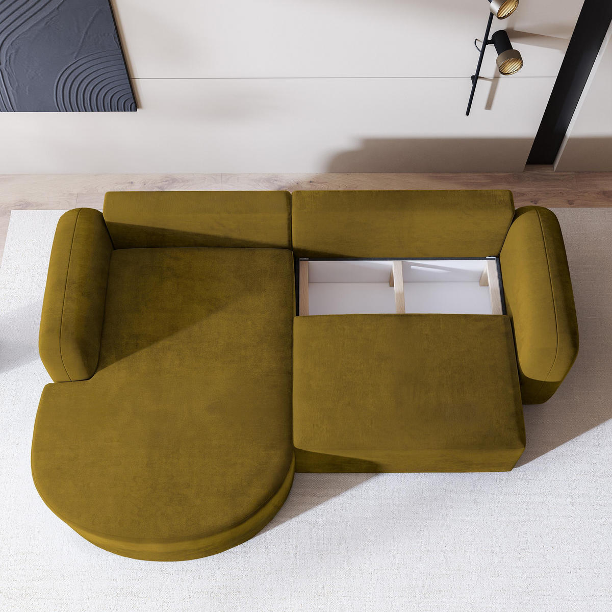 ECKSOFA AMILIA M L-S Gelb Velours-Stoff mit Schlaffunktion - Gelb, Holz (263/174cm) - MASSENO