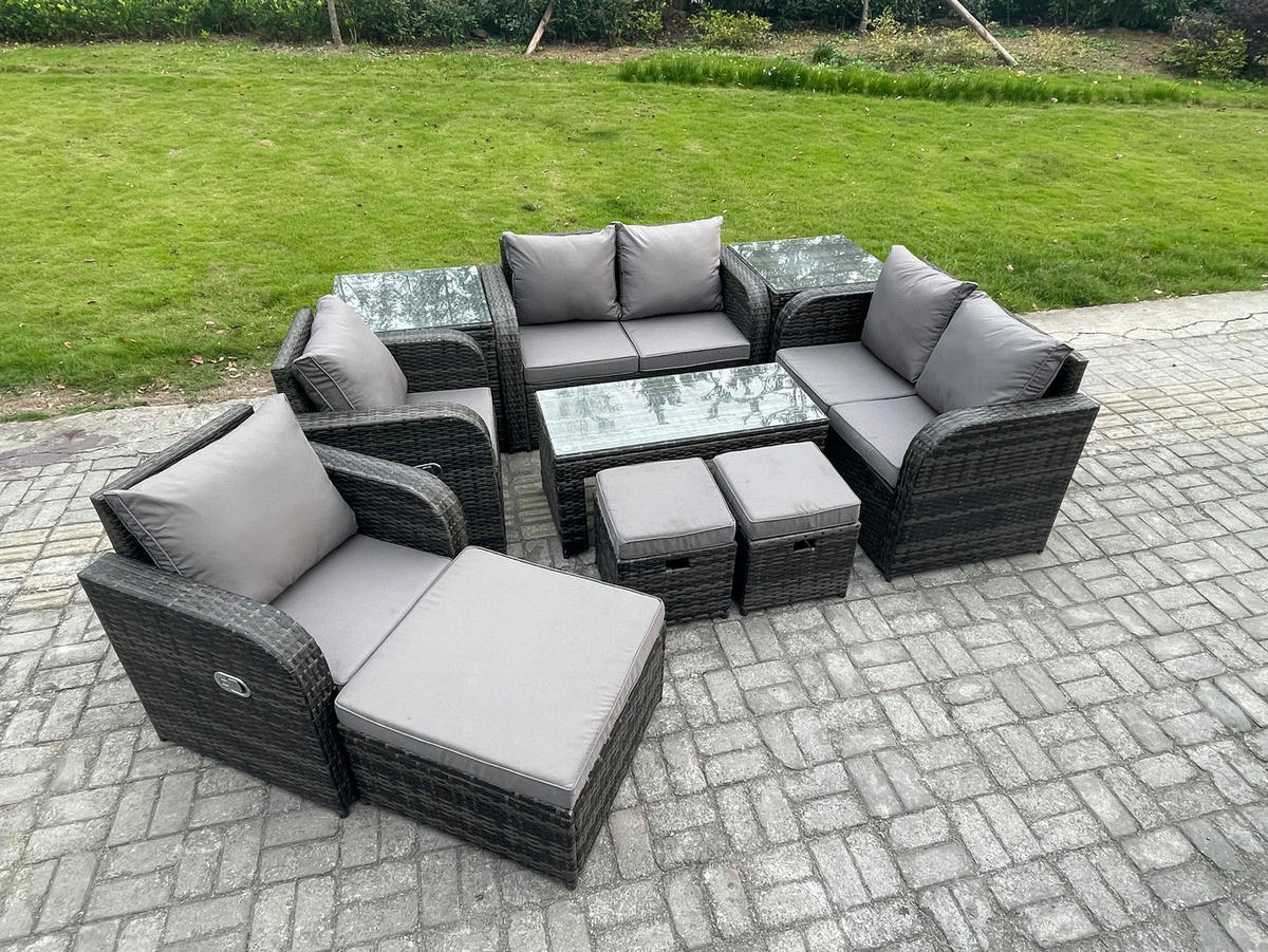 GARTENSOFA SET mit LIEGESTUHL Polyrattan 9-Sitzer Dunkelgrau - Dunkelgrau/Grau, Glas/Kunststoff - Fimous