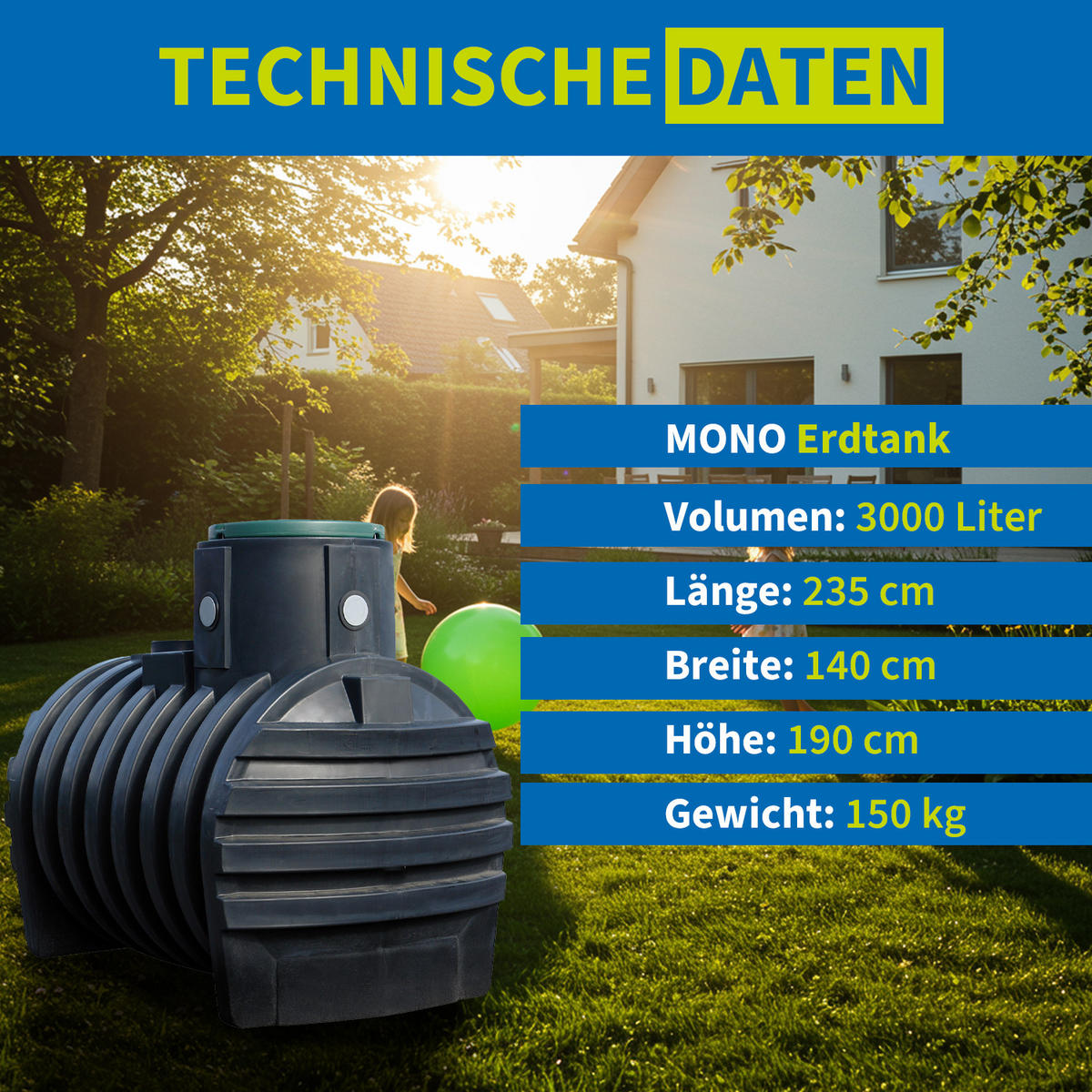ERDTANK 3000 L inkl. Tankabdeckung - Schwarz, Kunststoff (140/190/235cm) - 4rain