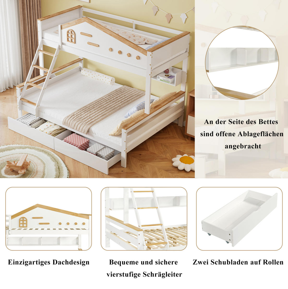 ETAGENBETT 90/200 & 140/200 cm aus Kiefer und MDF mit Regalen, 2 Schubladen und Schrägleiter, Weiß/Natur - Weiß, Holzwerkstoff (90/200cm) - Redom