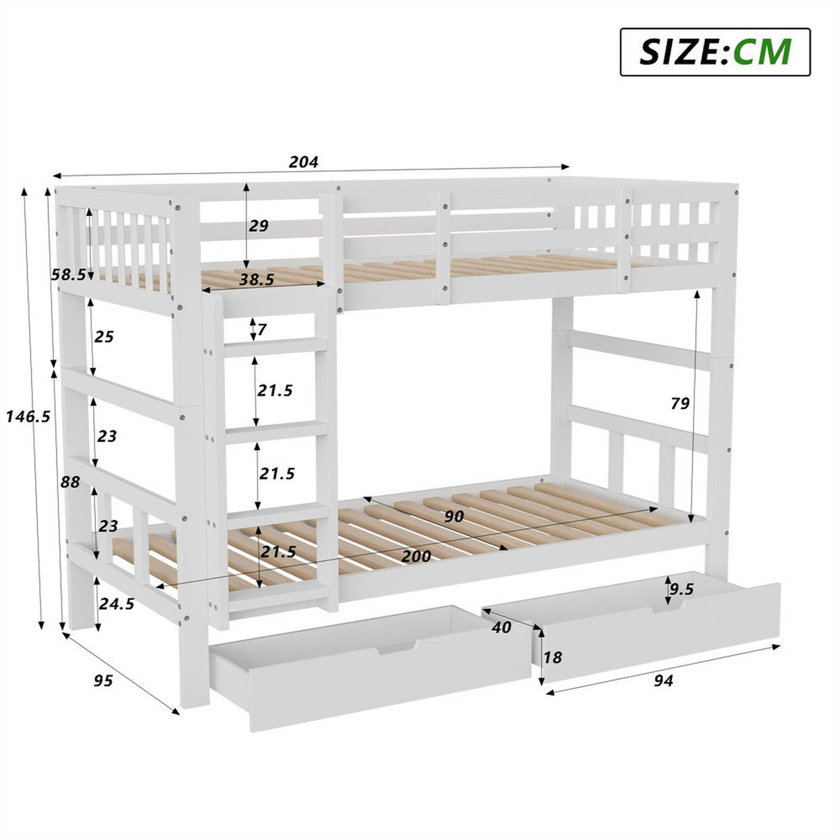 ETAGENBETT 90x200 cm - teilbar in zwei Einzelbetten - mit 2 Schubladen - ohne Matratze - Weiß - Weiß, Holz (90/200cm) - DELFA