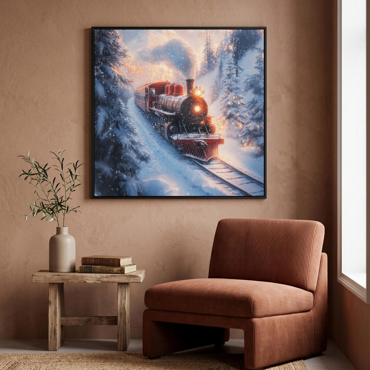 LEINWAND Bilder mit Rahmen - Weihnachtszug - Schnee - Winter - Weihnachten - 90x90 - Dunkelrot, Textil (90/90cm) - MuchoWow