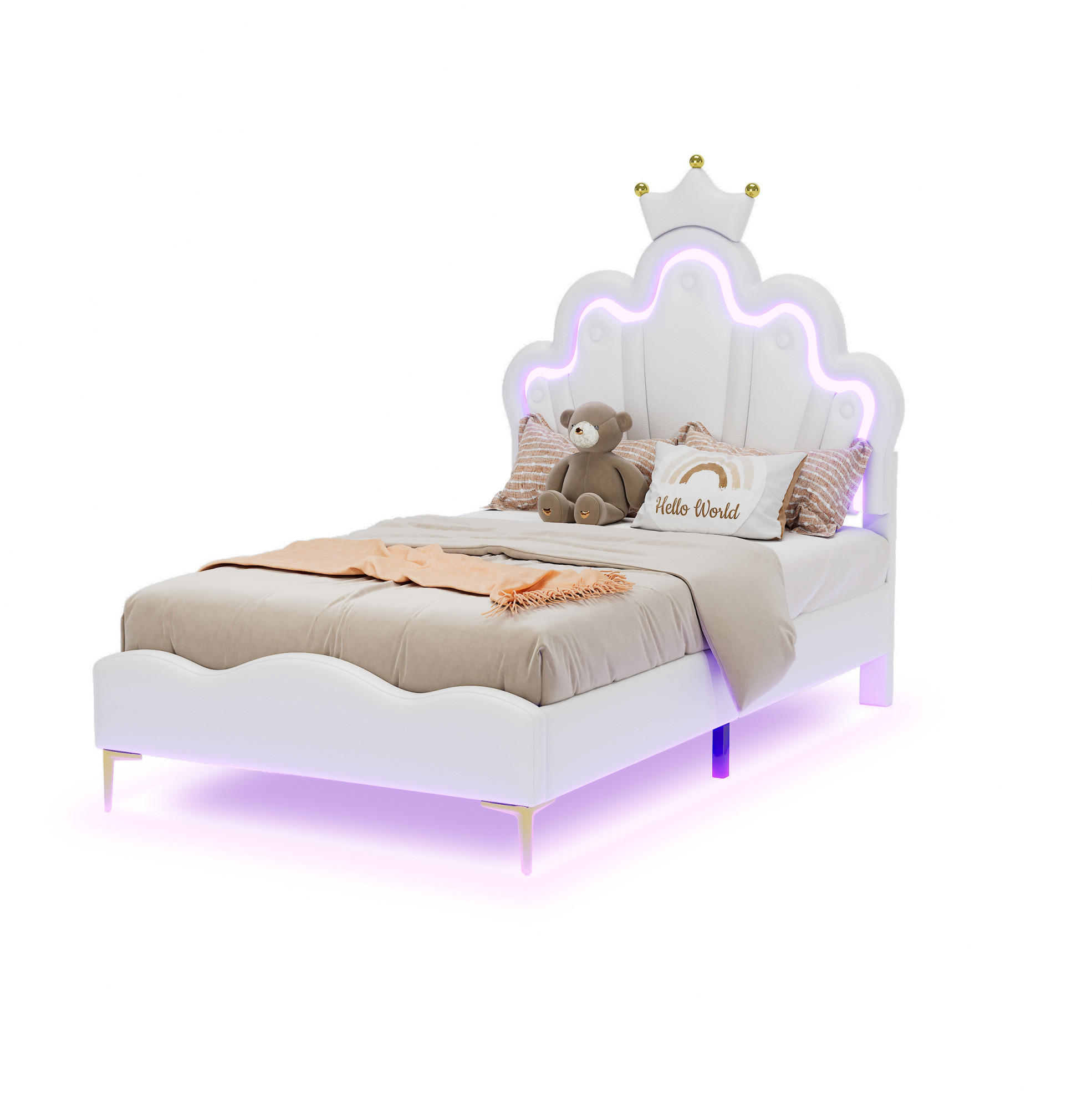Redom POSTEL 90/200 cm s LED osvětlením, korunkovým čelem a měkkým čalouněním, Bílá