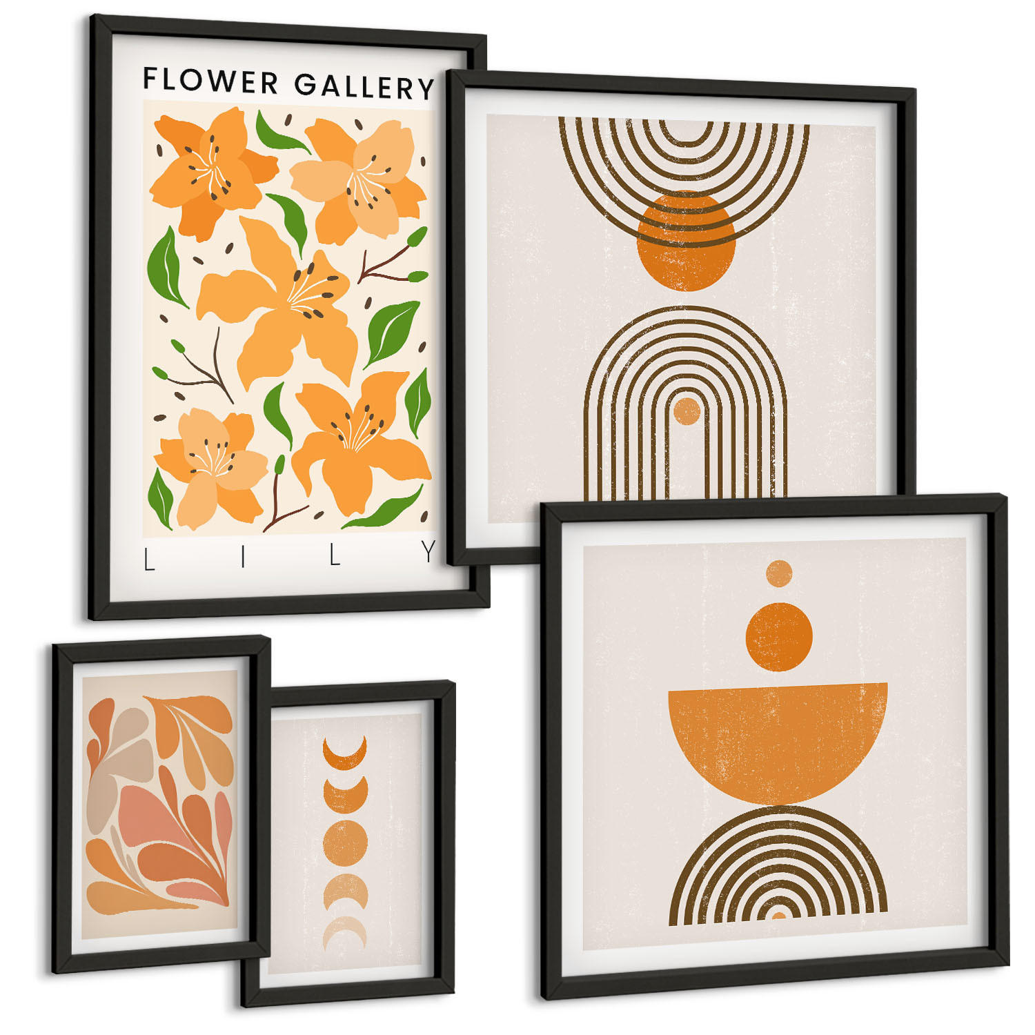 BILDER SET 5er Set - 50x50 cm & 20x30 cm & 40x60 cm Schwarzer Rahmen - Abstrakte orange Formen - Schwarz, Kunststoff (40/60cm) - TULUP