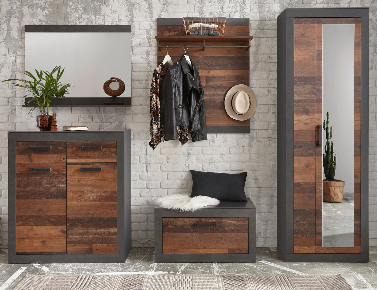 GARDEROBE Set 5-teilig Used Wood Shabby, Matera grau 277 cm - Silberfarben/Naturfarben, Glas/Holzwerkstoff (277/201/40cm) - Furn.Design