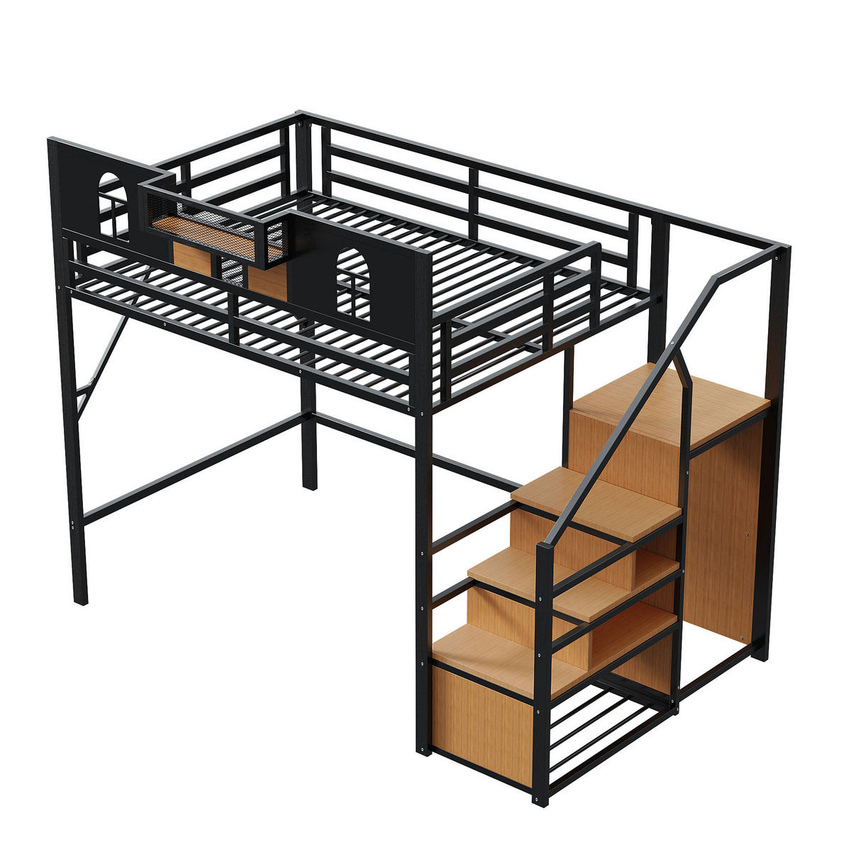 HOCHBETT 140/200 cm aus Metall/MDF mit Stauraumleiter und Ablage Schwarz - Schwarz, Metall (140/200cm) - Modenvie