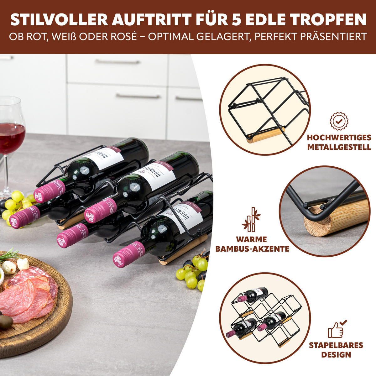 WEINREGAL, Bambus, Metall - Schwarz, Metall (39/14.5/15cm) - eluno