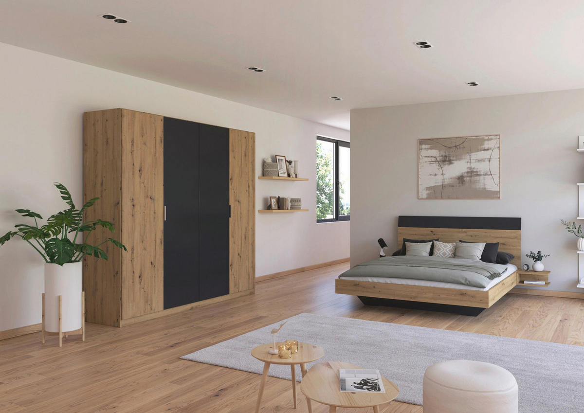 SCHLAFZIMMER Monza in Eiche Artisan und Grau Metallic mit Bettanlage 160x200cm, 2 Nachttischen und Drehtürenkleiderschrank 4türig ohne Spiegel - Braun, Holzwerkstoff (80/200/120cm)