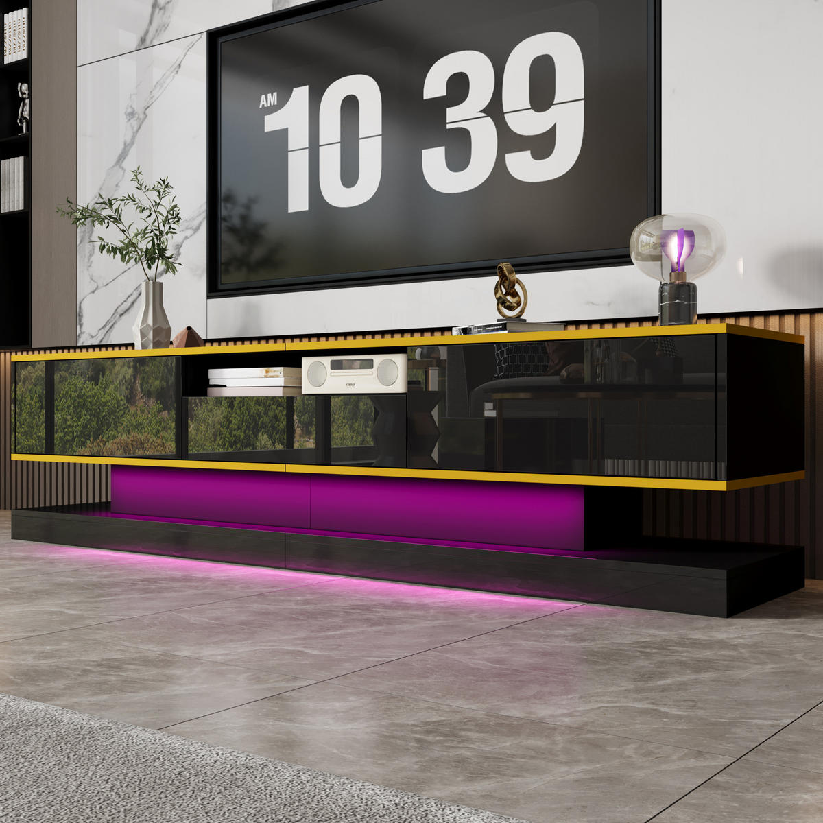 LOWBOARD 180/38/45 cm aus Holzwerkstoff mit LED-Beleuchtung Schwarz/Gold - Schwarz, Holzwerkstoff (180/45/38cm) - Modenvie