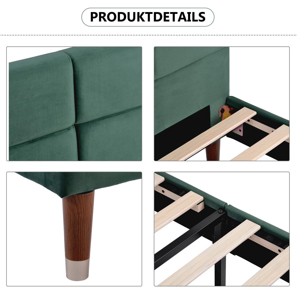 POLSTERBETT 140/200 cm grün aus Samt und Massivholz mit Matratze - Grün, Holzwerkstoff (140/200cm) - OKWISH