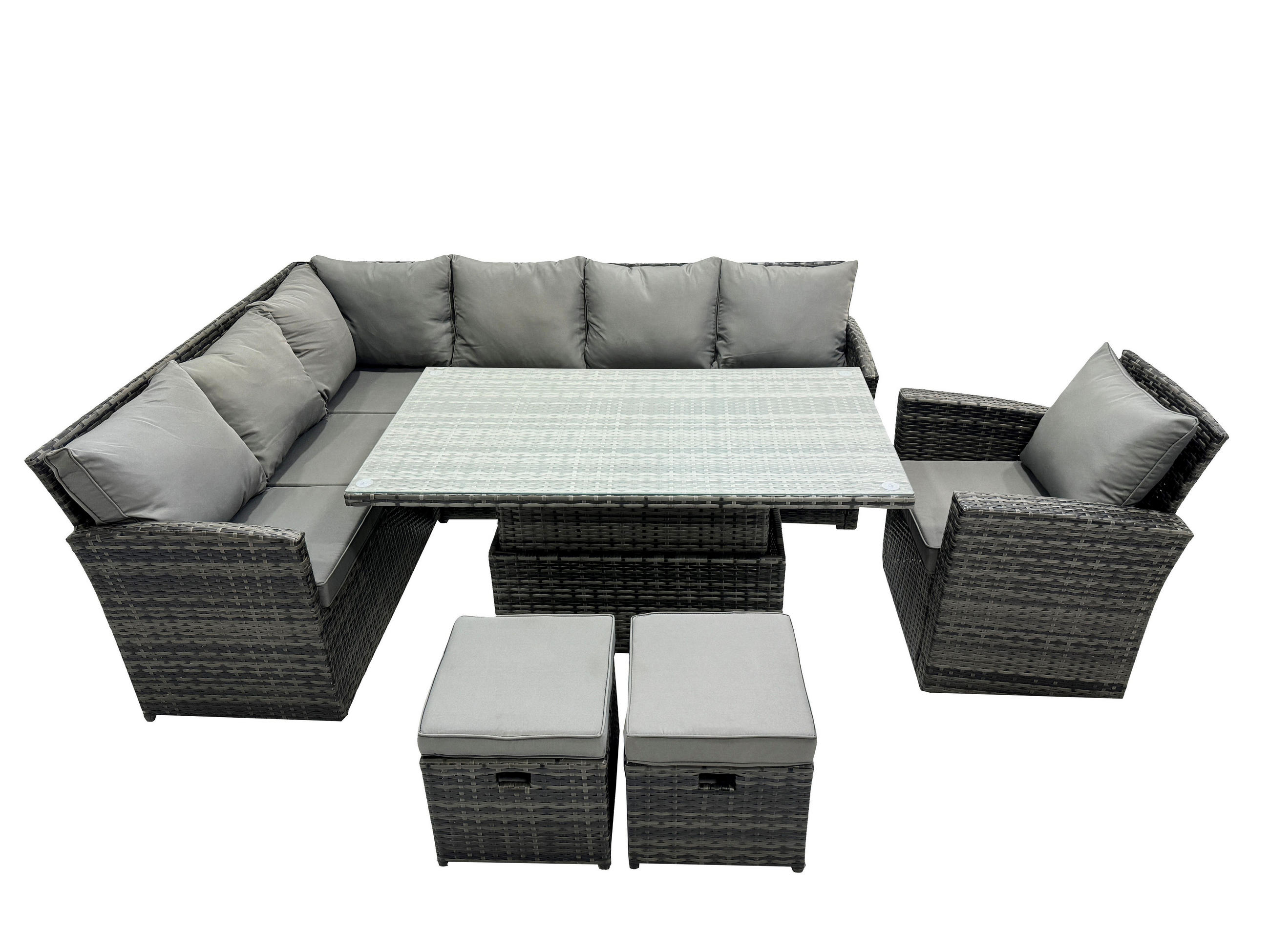 GARTENSET mit Höhenverstellbarer Tisch Polyrattan Dunkelgrau 9-Sitzer - Dunkelgrau/Grau, Glas/Kunststoff - Fimous