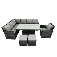 GARTENSET mit Höhenverstellbarer Tisch Polyrattan Dunkelgrau 9-Sitzer - Dunkelgrau/Grau, Glas/Kunststoff - Fimous