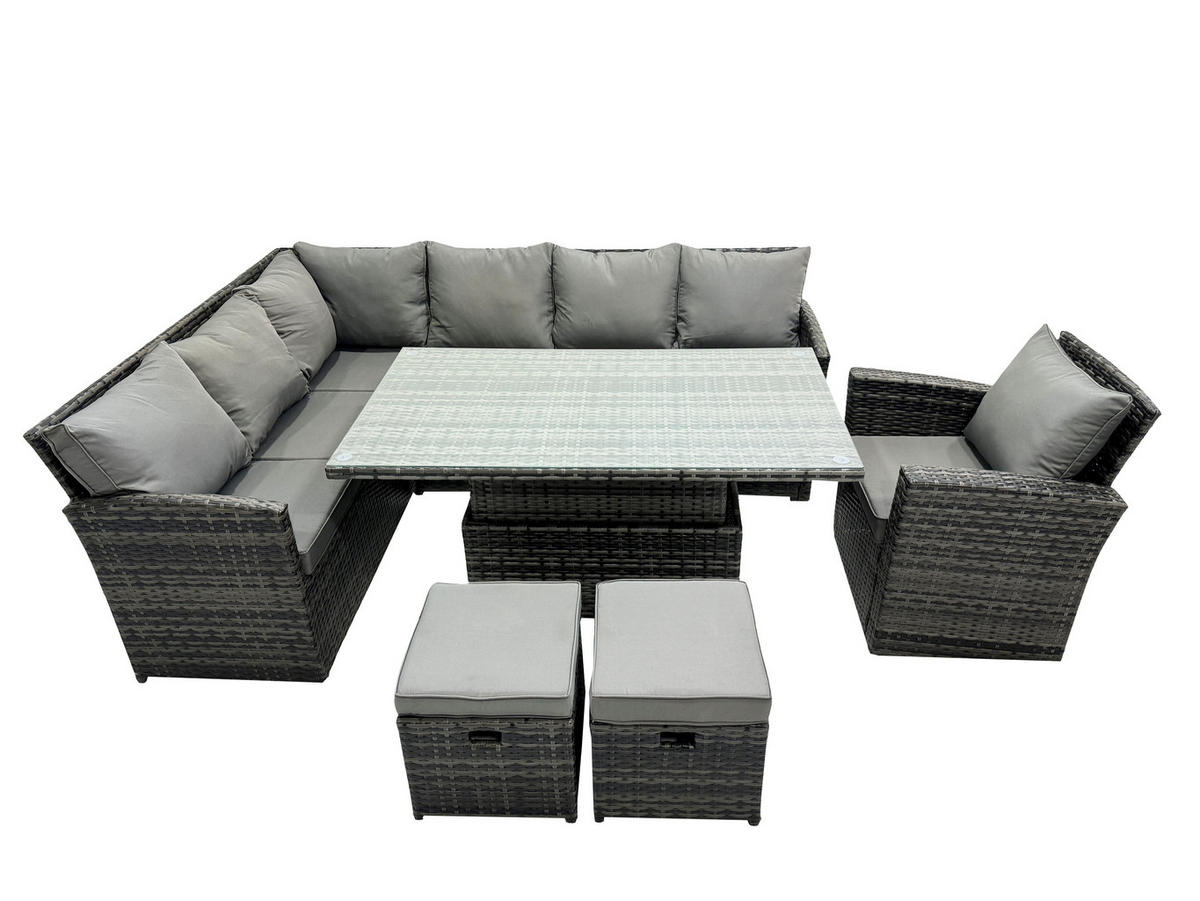 GARTENSET mit Höhenverstellbarer Tisch Polyrattan Dunkelgrau 9-Sitzer - Dunkelgrau/Grau, Glas/Kunststoff - Fimous