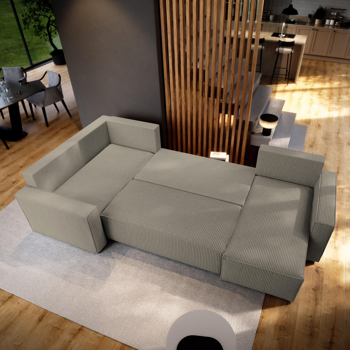 WOHNLANDSCHAFT NORENA L-S Beige Kordstoff mit Schlaffunktion - Beige, Holz (295/85/157.5cm) - MASSENO