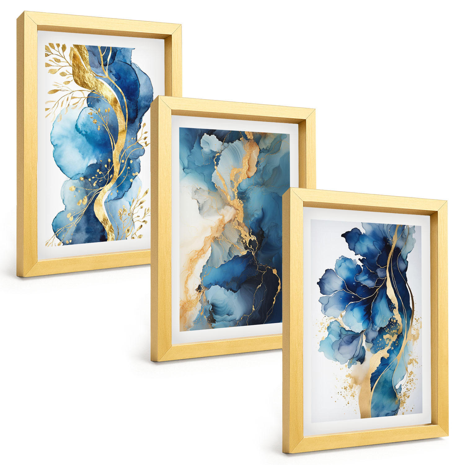 BILDER SET 3er Set - 20x30 cm Goldrahmen - Blaue abstrakte Muster - Goldfarben, Kunststoff (20/30cm) - TULUP